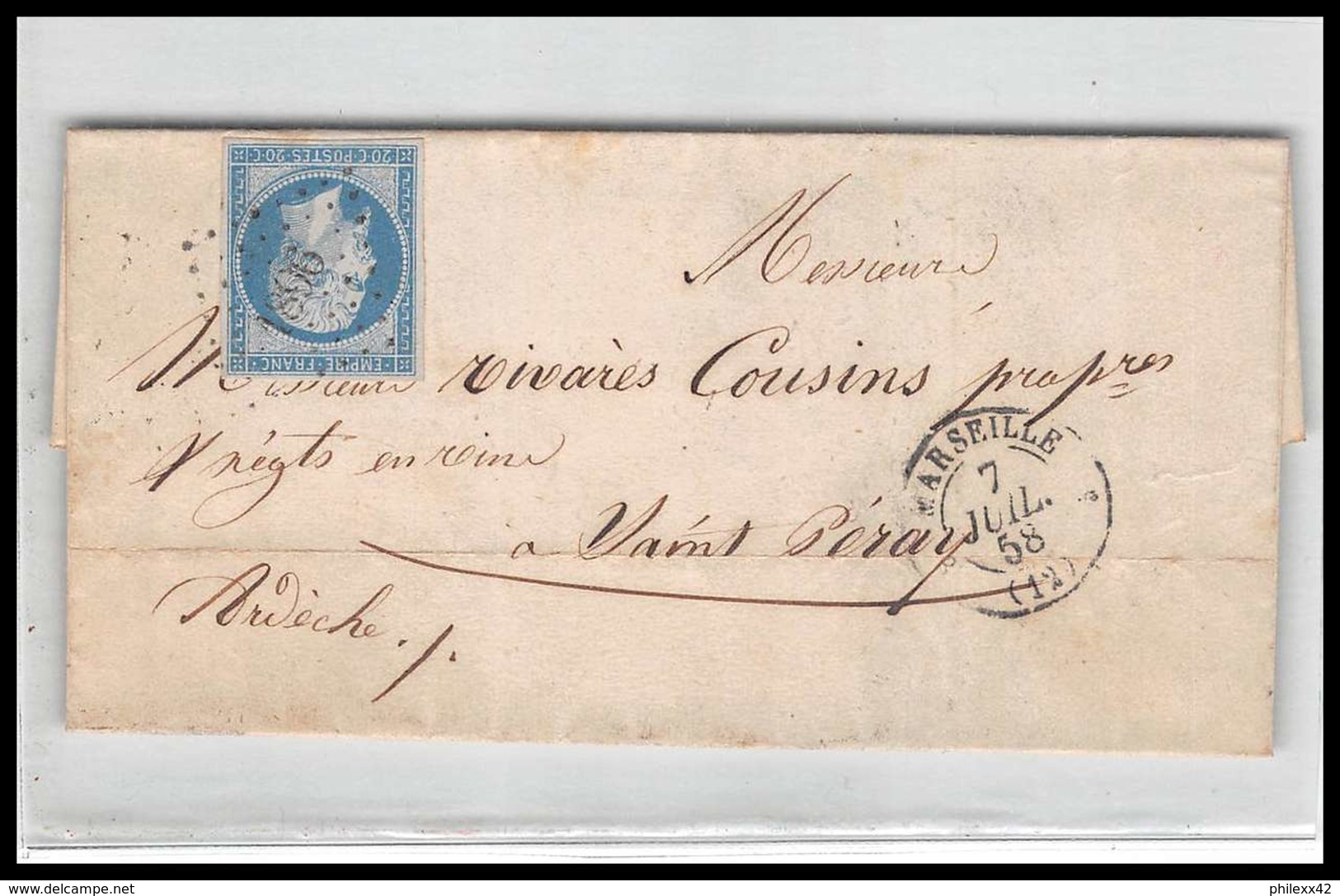 LSC Lettre-0091 Bouches Du Rhone Marseille Napoléon N°14 A T1 Pc 1896 TB Pour Saint Peray Ardeche 1858 4ème Arrondisseme - 1849-1876: Période Classique