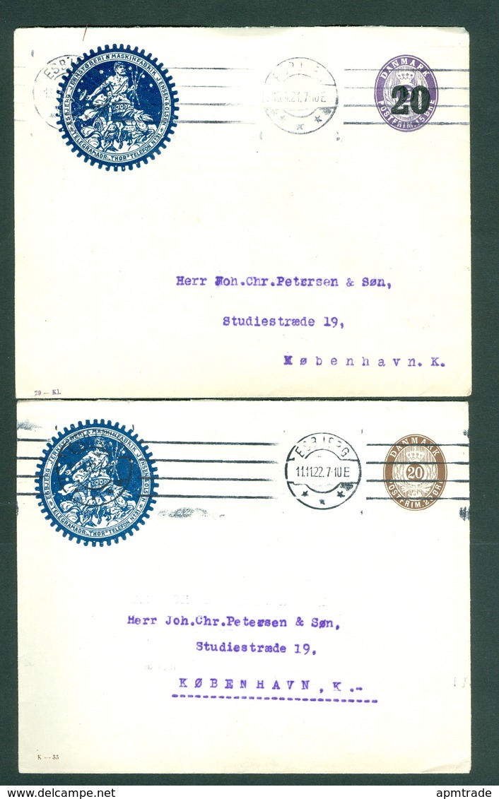 Denmark. 2 Stationery,Cover 1920 & 21. Commercial, Iron Foundry. 20 & 15/20 Overprint. Adr:Copenhagen - Postal Stationery