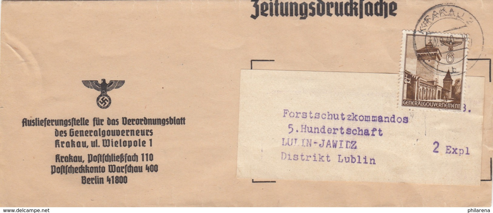 GG Zeitungsstreifband, Verordnungsblatt An Forstschutzkommando 5. Hundertschaft - Occupation 1938-45