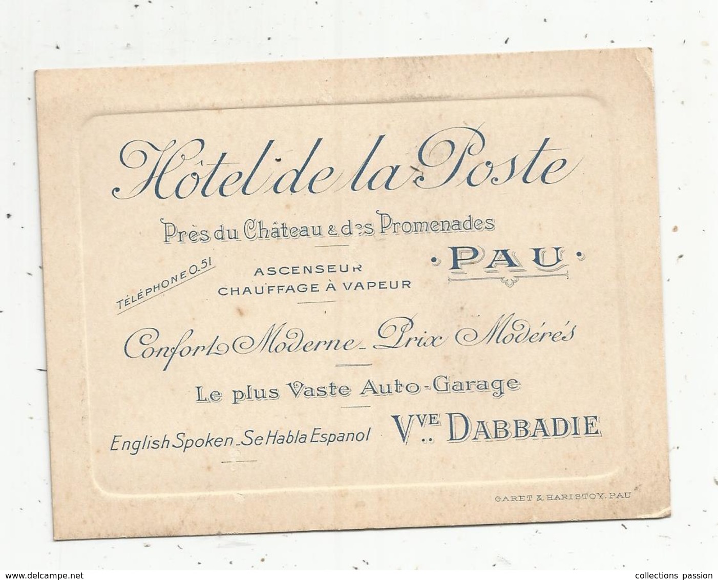 Carte De Visite ,HOTEL DU PARC ,PAU , Vve. DABBADIE - Visiting Cards