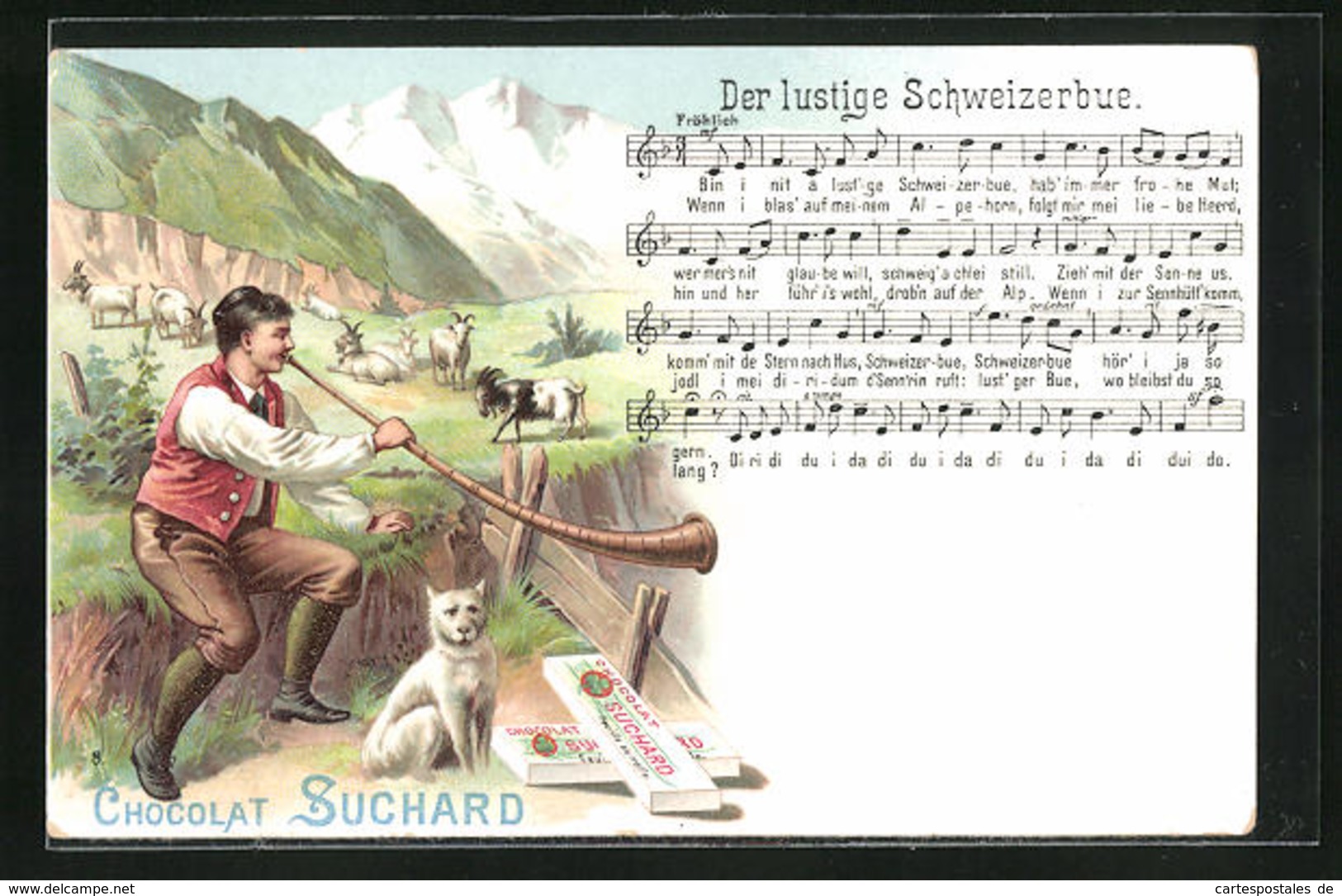 Lithographie Werbung Für Chocolat Suchard, Alphornbläser Mit Hund, Der Lustige Schweizerbue - Landwirtschaftl. Anbau