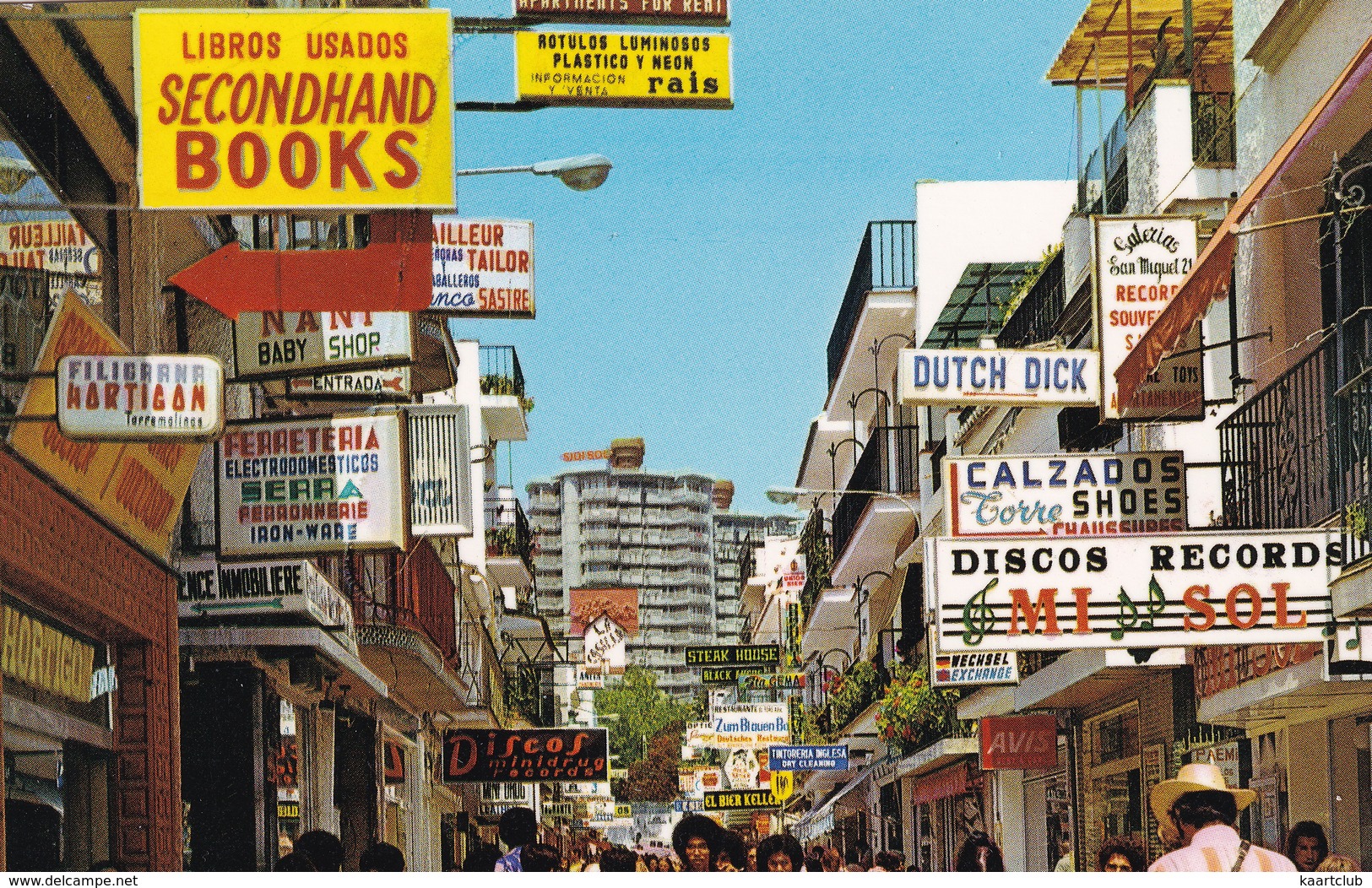 Torremolinos - Calle San Miguel, NEON: 'Dutch Dick', 'Second Hand Books', 'Discos Records Mi Sol' (Costa Del Sol,Espana) - Málaga