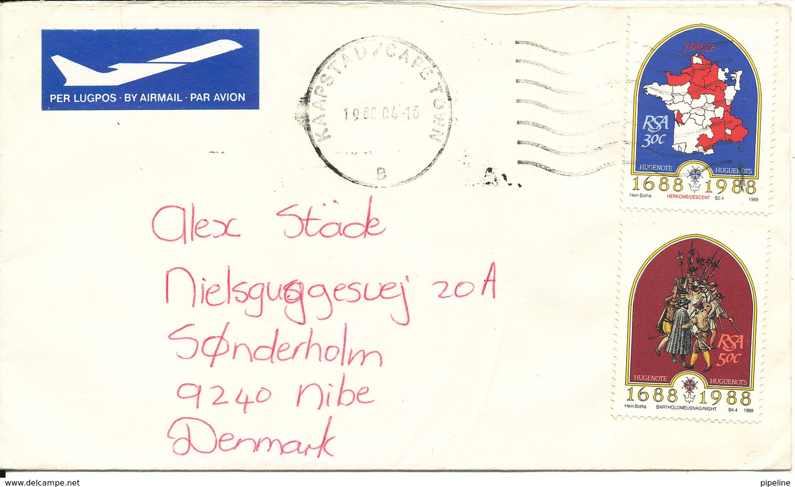 South Africa Cover Sent To Denmark Capetown 16-4-1988 - Covers & Documents