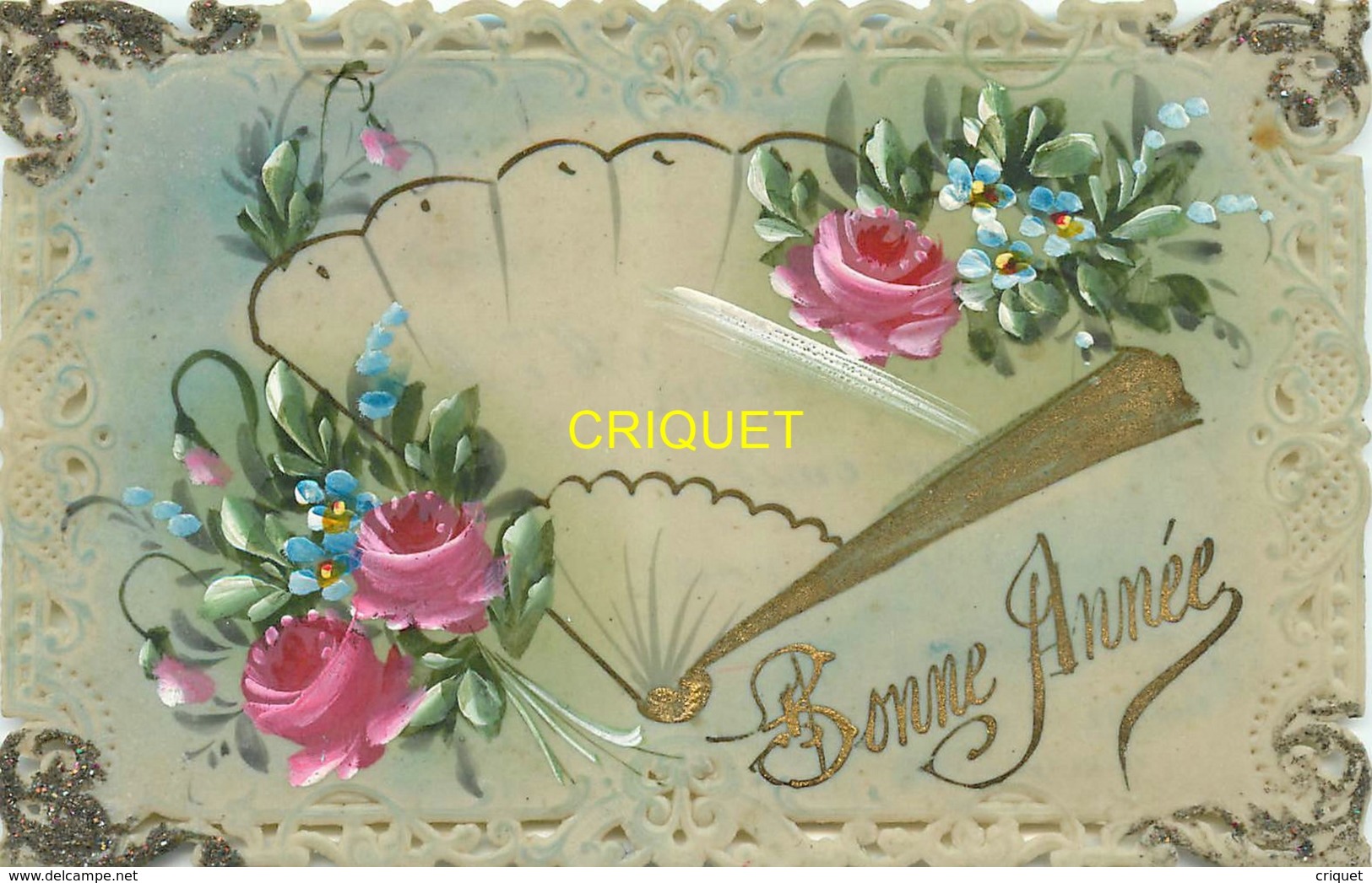 Bonne Année, Superbe Carte En Celluloide Peinte Main, éventail, Pivoines, Myosotis Et Paillettes - Nouvel An