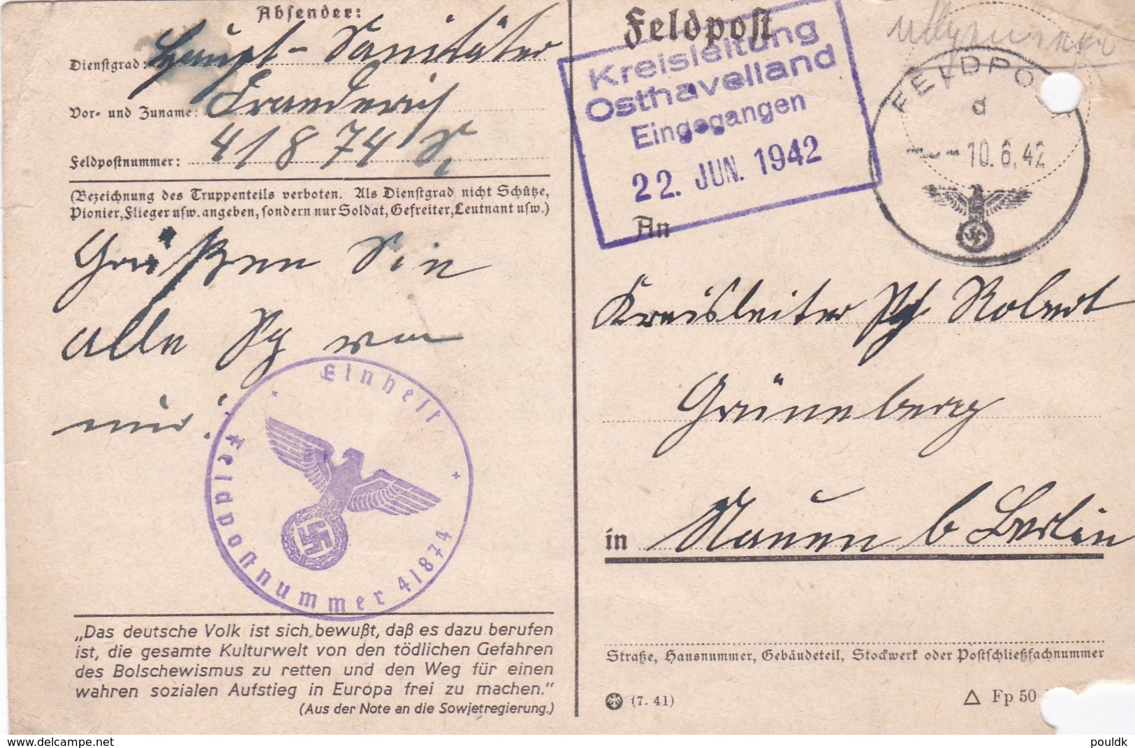 German Feldpost WW2: Organisation Todt OT-OBR Danzig  FP 41874 P/m 10.6.1942 - Plain Postcard With Archive - Guerre Mondiale (Seconde)