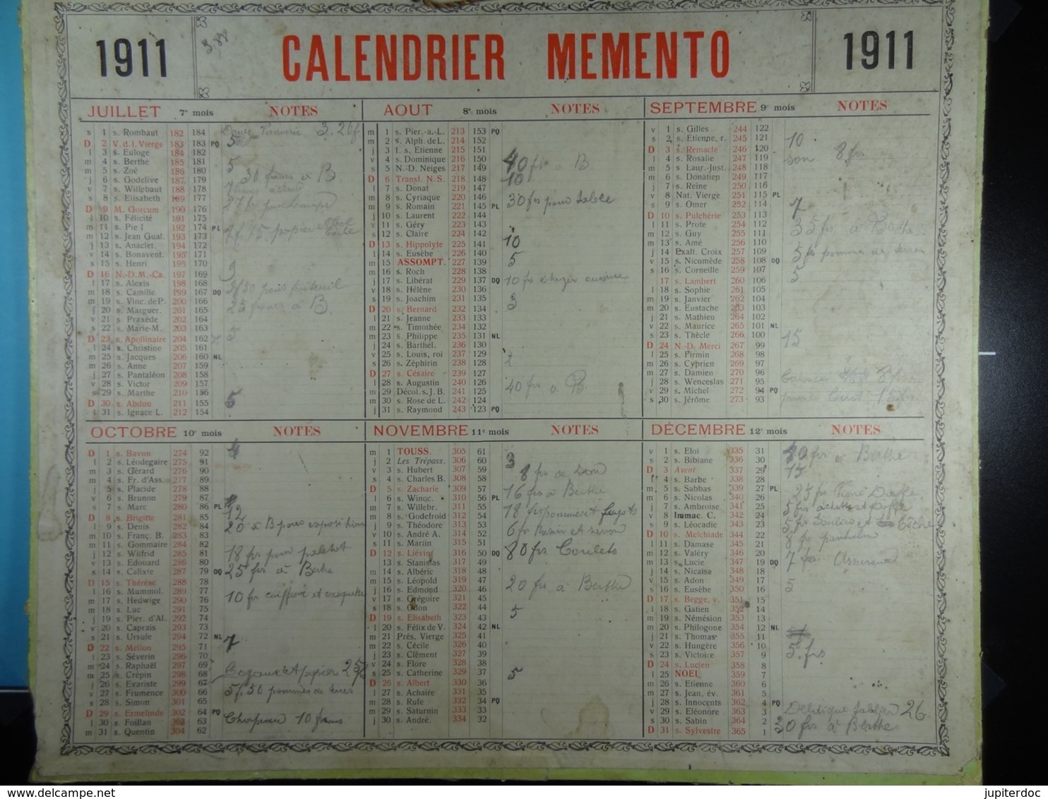 Calendrier Memento 1911 Sur Carton 2 Faces (Format : 42,5 Cm X 34,5 Cm) - Big : 1901-20