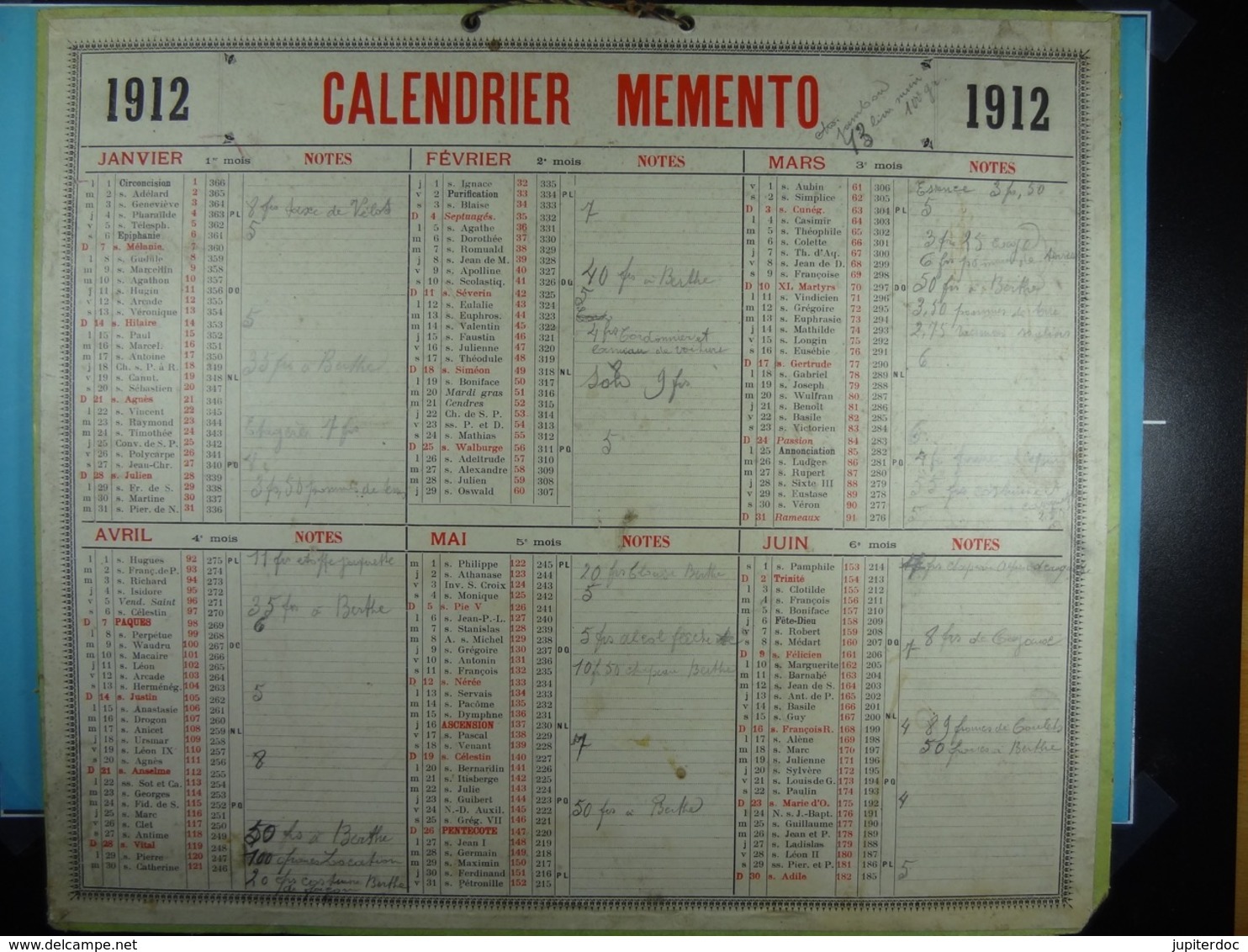 Calendrier Memento 1912 Sur Carton 2 Faces (Format : 42,5 Cm X 34,5 Cm) - Tamaño Grande : 1901-20