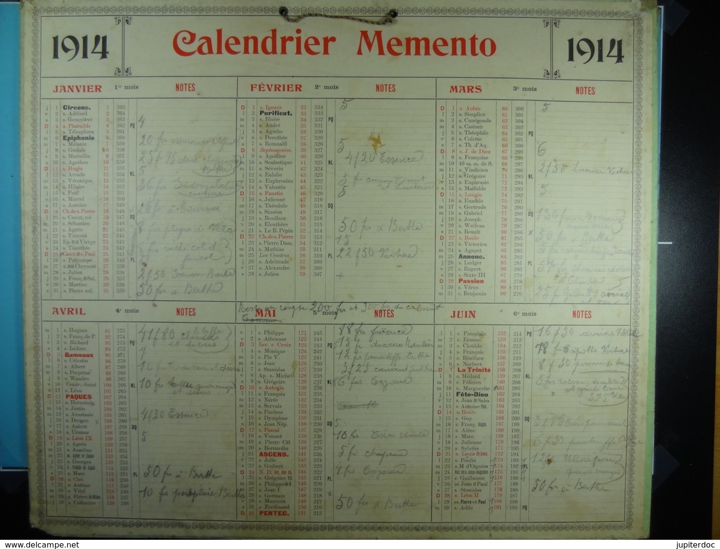 Calendrier Memento 1914 Sur Carton 2 Faces (Format : 42,5 Cm X 34,5 Cm) - Tamaño Grande : 1901-20
