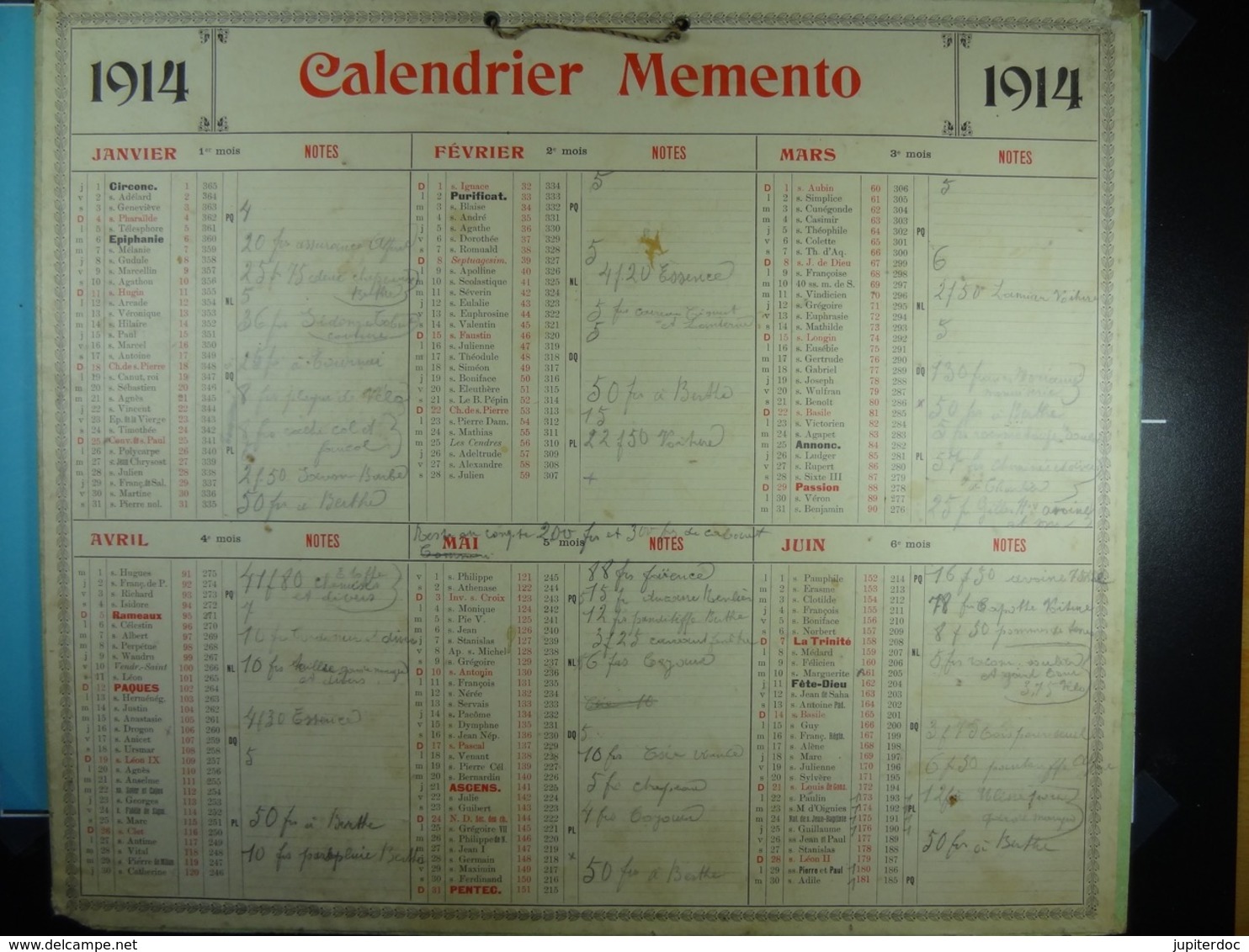 Calendrier Memento 1914 Sur Carton 2 Faces (Format : 42,5 Cm X 34,5 Cm) - Formato Grande : 1901-20