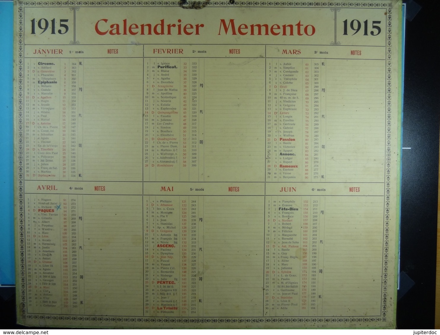 Calendrier Memento 1915 Sur Carton 2 Faces (Format : 42,5 Cm X 34,5 Cm) - Grand Format : 1901-20