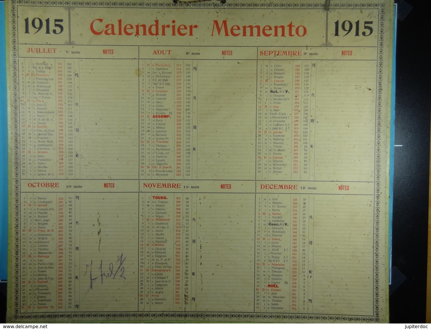 Calendrier Memento 1915 Sur Carton 2 Faces (Format : 42,5 Cm X 34,5 Cm) - Grand Format : 1901-20