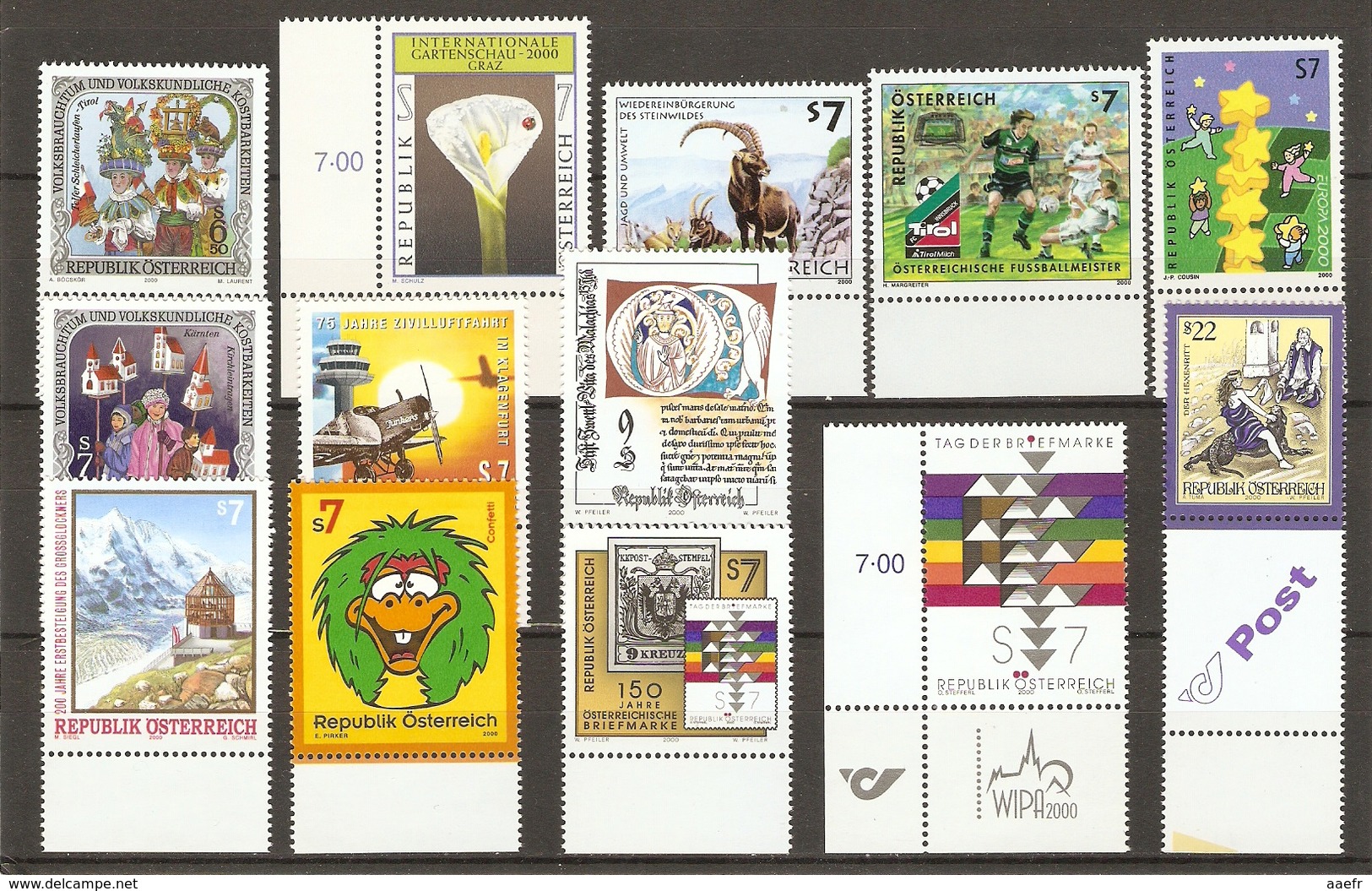 Autriche 2000 - Petit Lot De 13 MNH - Cavalcade Des Sorcières - Saint Malachie - Europa - Horticulture - Football - Vrac (max 999 Timbres)