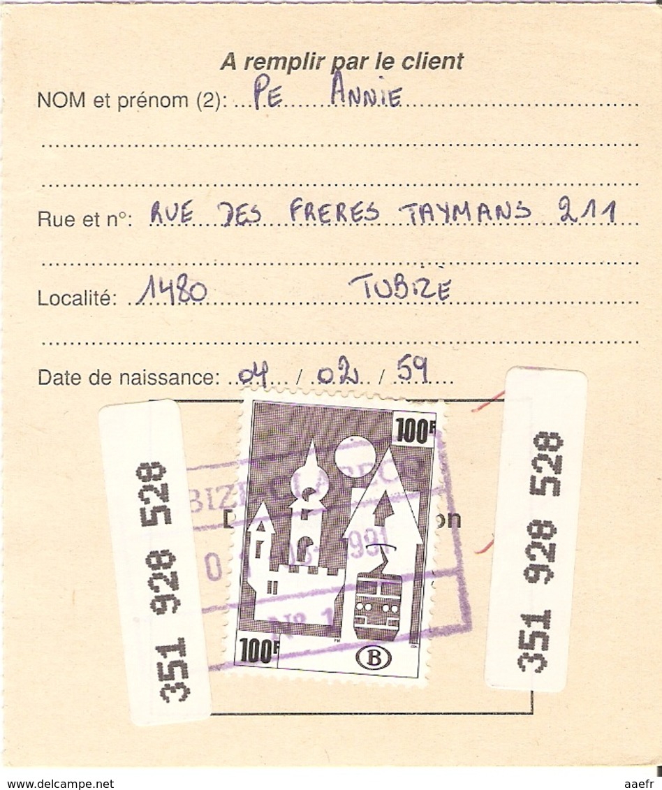 Belgique - 100 F Tourisme Et Chemin De Fer - Timbre° Sur Abonnement SNCB - TR 464 - Cachet Tubize-Clabecq - Sonstige & Ohne Zuordnung