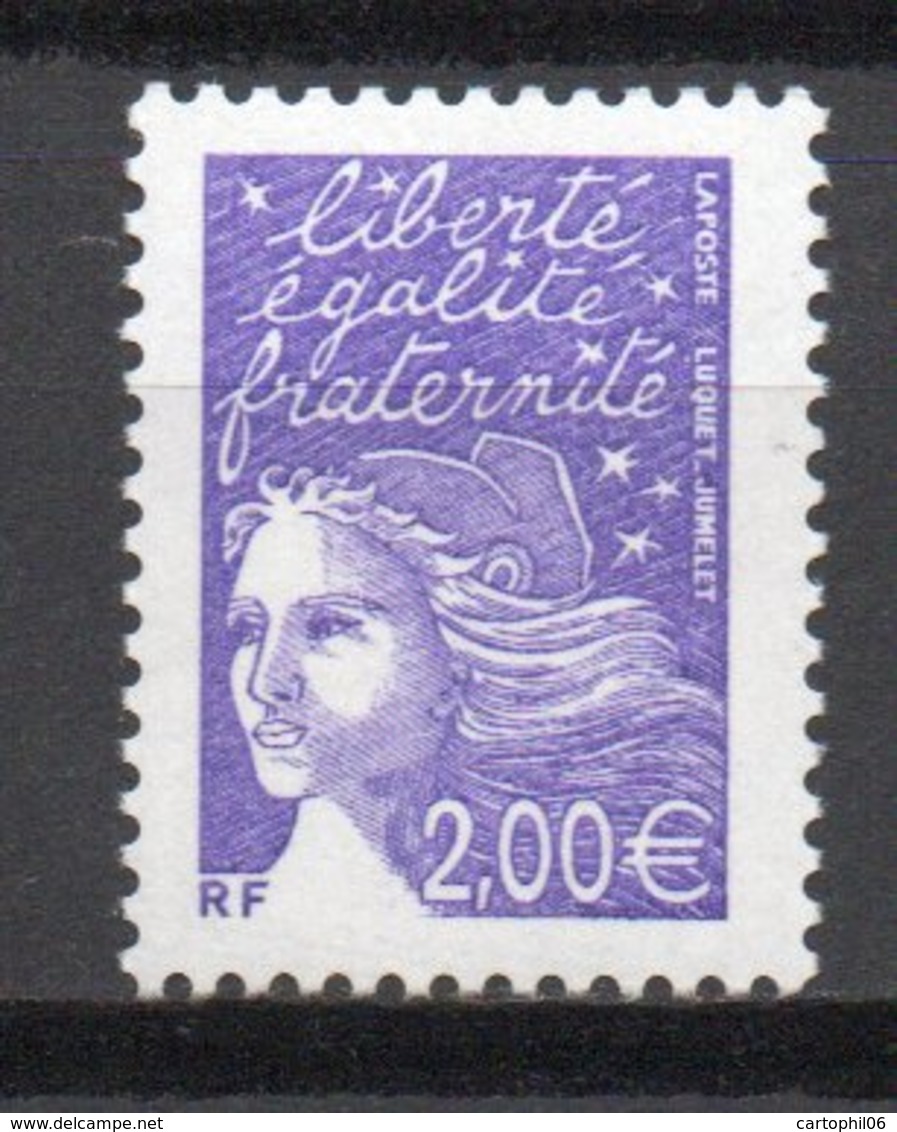 - FRANCE Variété 3436a ** - 2,00 € Violet Marianne De Luquet 2002 - BANDES DE PHOSPHORE A CHEVAL 80/20 - - Neufs