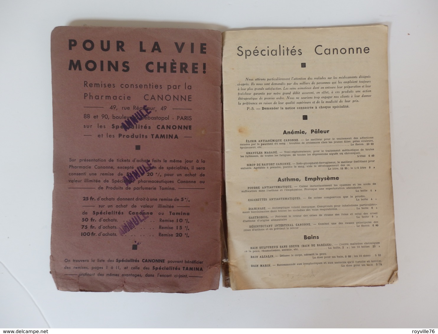 Guide Des Spécialités Canonne. Pharmacie Canonne 49, Rue Réaumur 88 Et 90 Bd Sébastopol à Paris. - Altri & Non Classificati