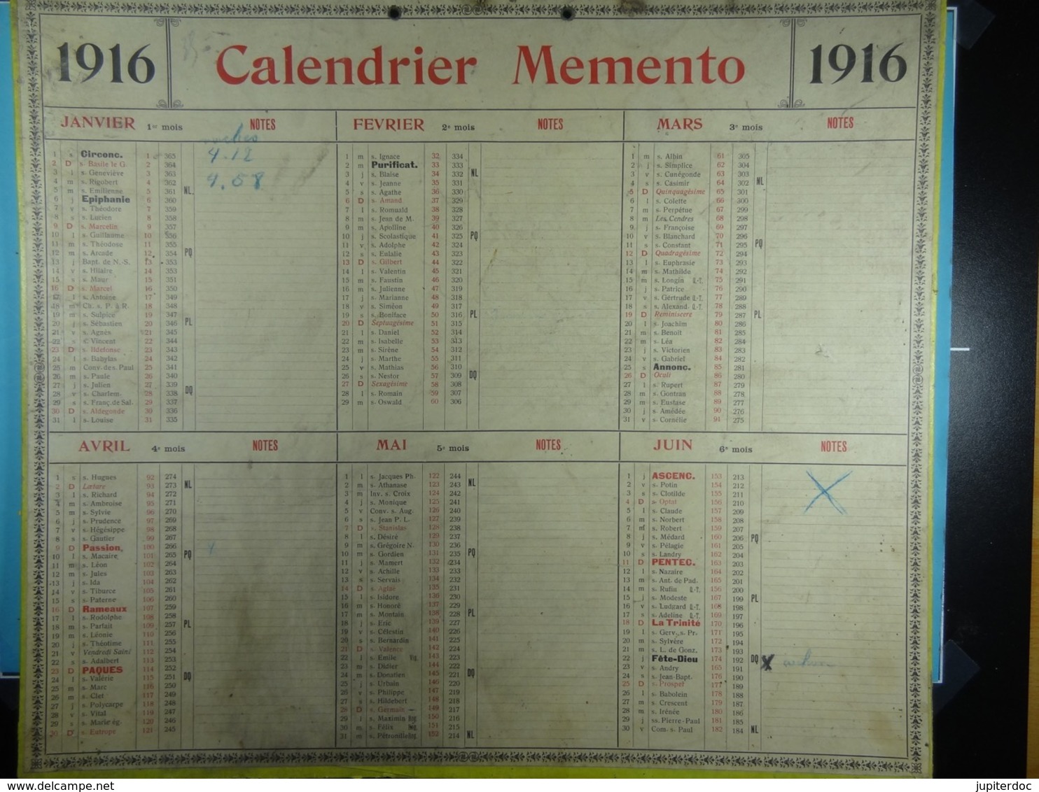 Calendrier Memento 1916 Sur Carton 2 Faces (Format : 42,5 Cm X 34,5 Cm) - Grossformat : 1901-20