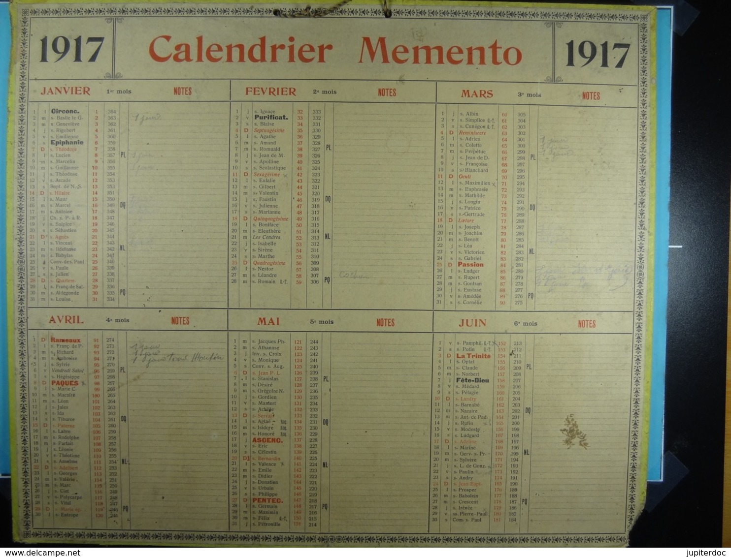 Calendrier Memento 1917 Sur Carton 2 Faces (Format : 42,5 Cm X 34,5 Cm) - Tamaño Grande : 1901-20