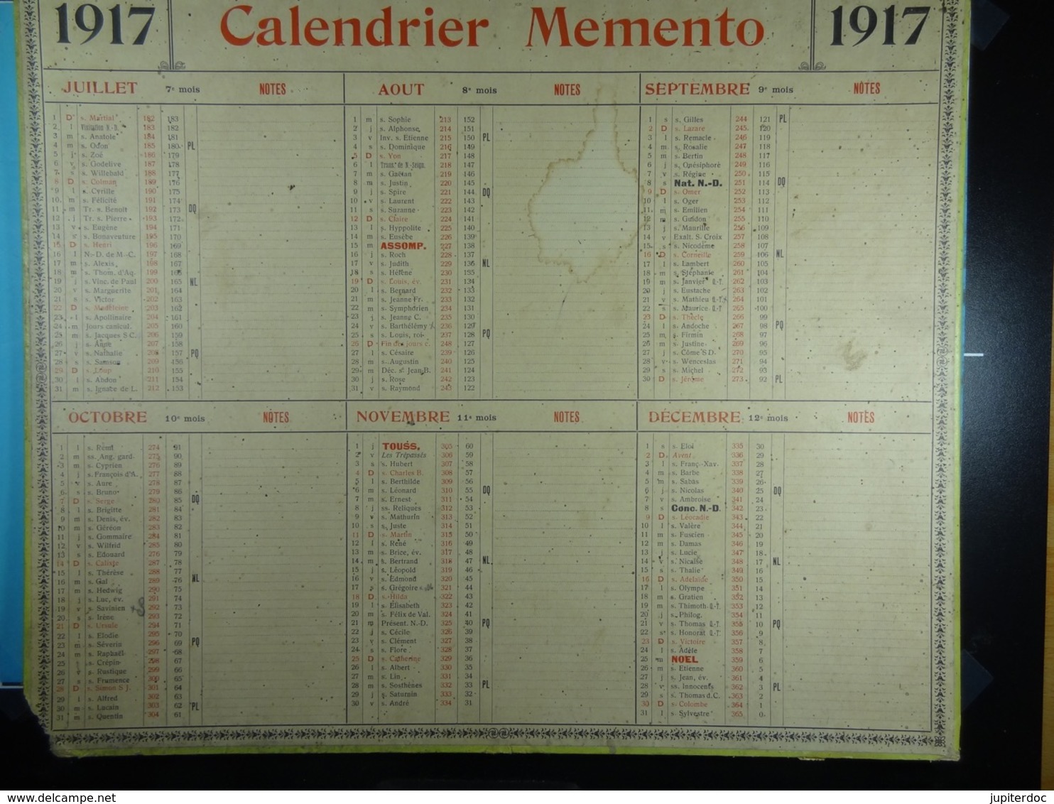 Calendrier Memento 1917 Sur Carton 2 Faces (Format : 42,5 Cm X 34,5 Cm) - Groot Formaat: 1901-20