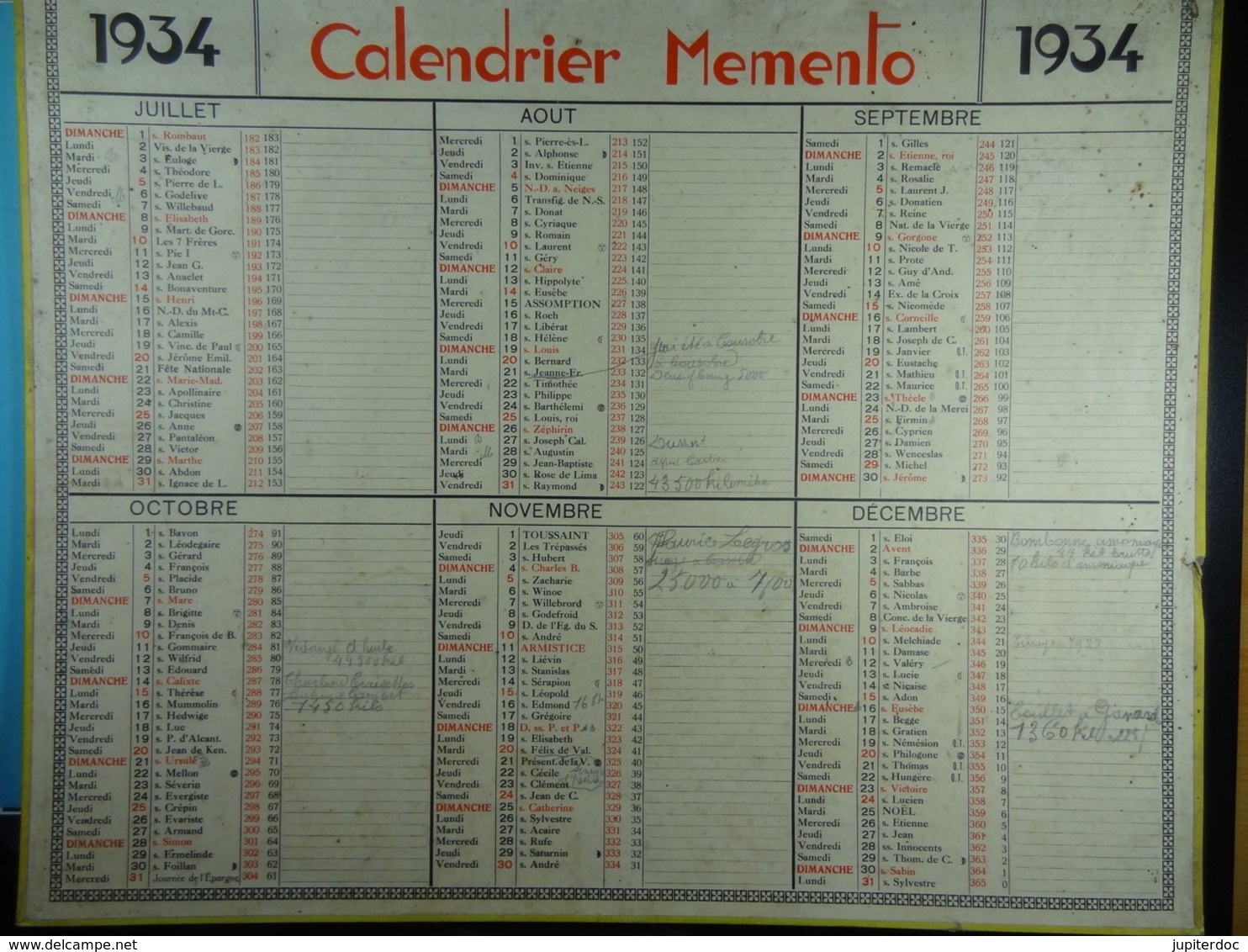 Calendrier Memento 1934 Sur Carton 2 Faces (Format : 42,5 Cm X 34,5 Cm) - Grand Format : 1921-40