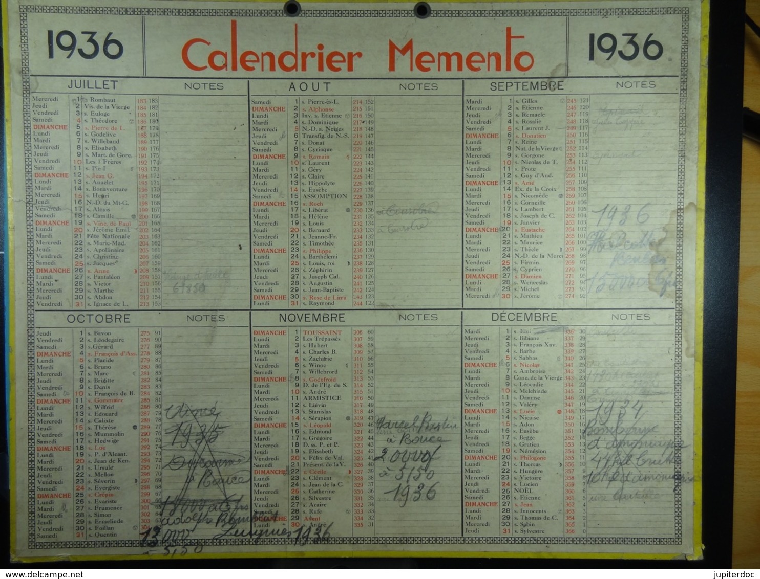 Calendrier Memento 1936 Sur Carton 2 Faces (Format : 42,5 Cm X 34,5 Cm) - Grossformat : 1921-40