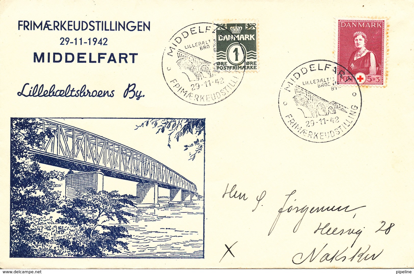 Denmark Special Cover Stamp Exhibition Middelfart 29-11-1942 With Bridge Cachet Lillebältsbroen - Covers & Documents