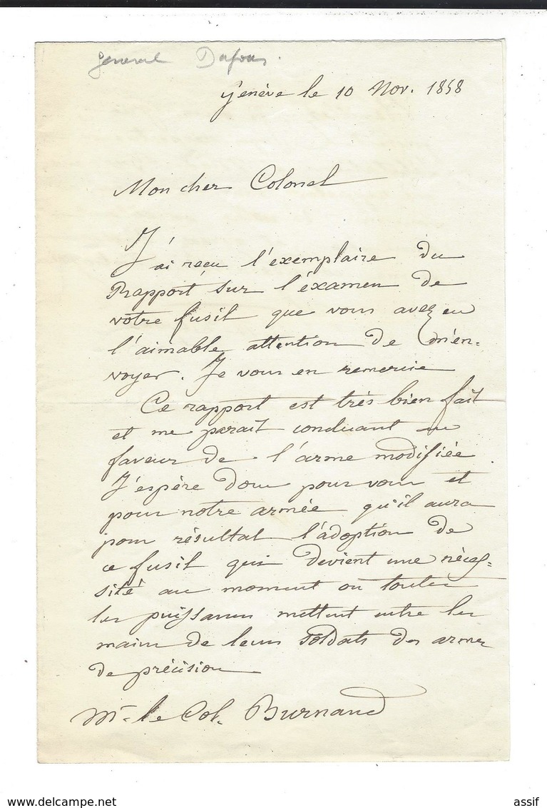 GENERAL GUILLAUME HENRI DUFOUR  1787 - 1875 Suisse Lettre Autographe Genève 1858  Modèle De Fusil Colonel Burnand - Altri & Non Classificati