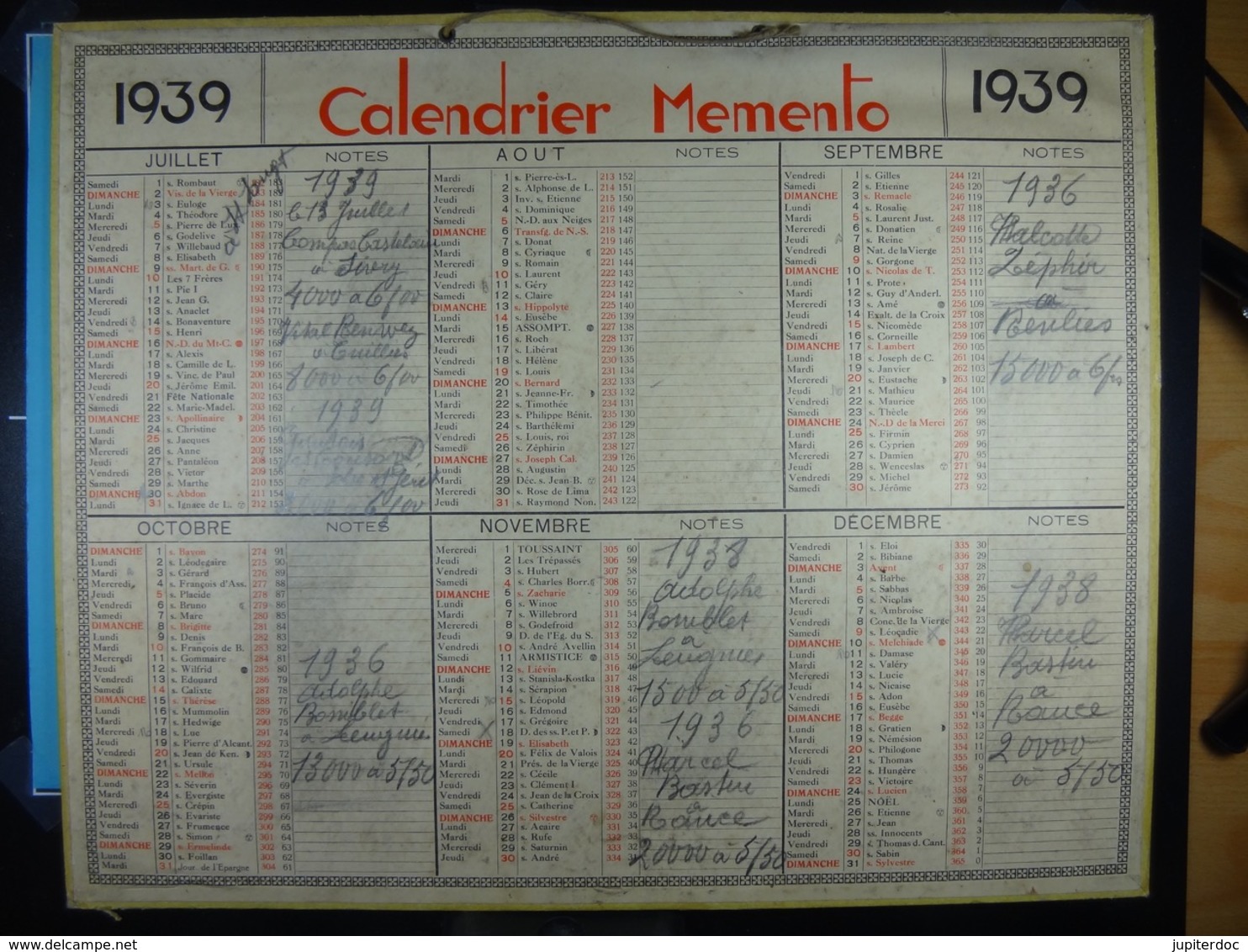 Calendrier Memento 1939 Sur Carton 2 Faces (Format : 42,5 Cm X 34,5 Cm) - Tamaño Grande : 1921-40