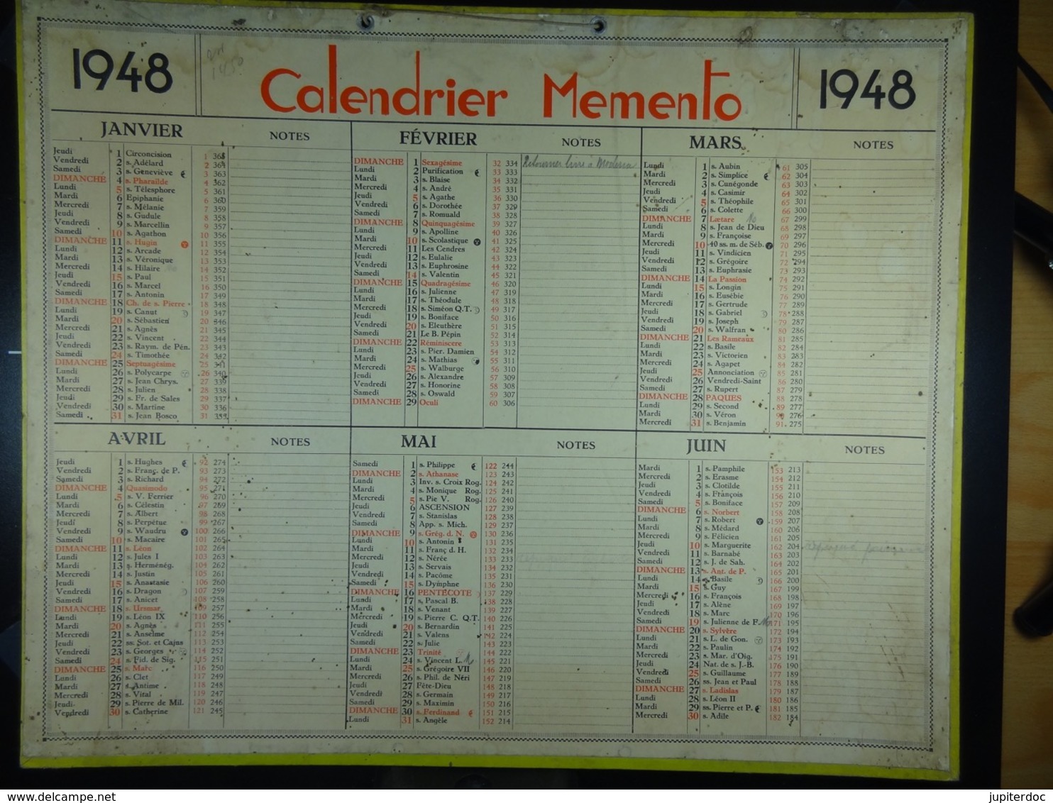 Calendrier Memento 1948 Sur Carton 2 Faces (Format : 42,5 Cm X 34,5 Cm) - Tamaño Grande : 1941-60