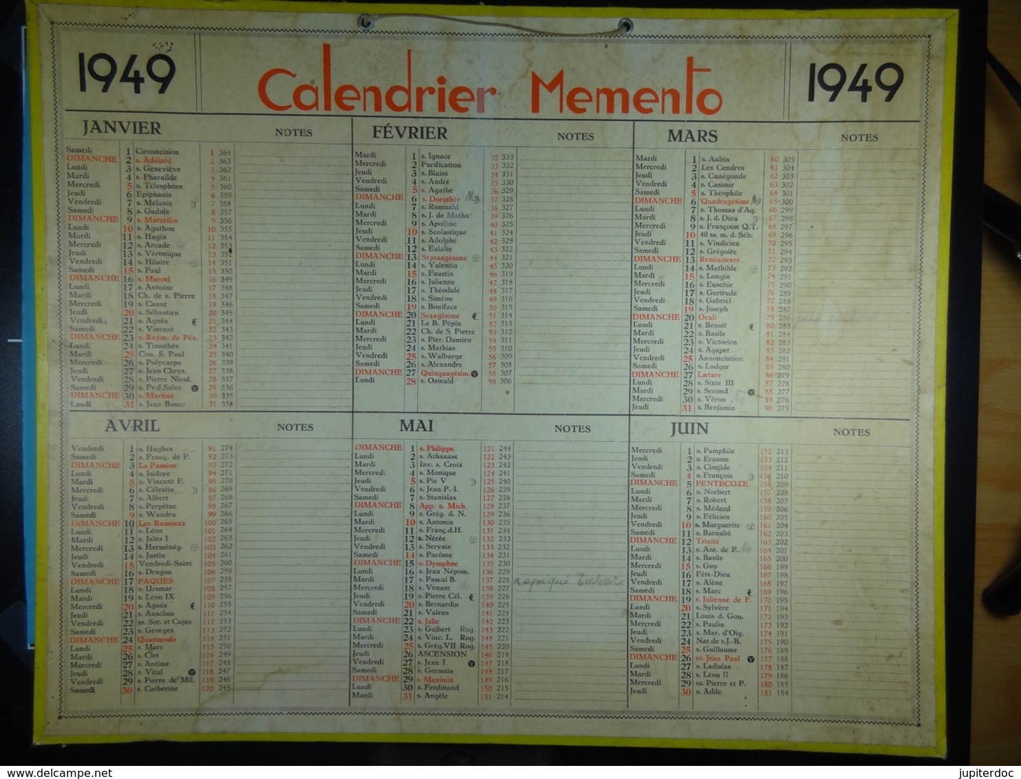 Calendrier Memento 1949 Sur Carton 2 Faces (Format : 42,5 Cm X 34,5 Cm) - Formato Grande : 1941-60