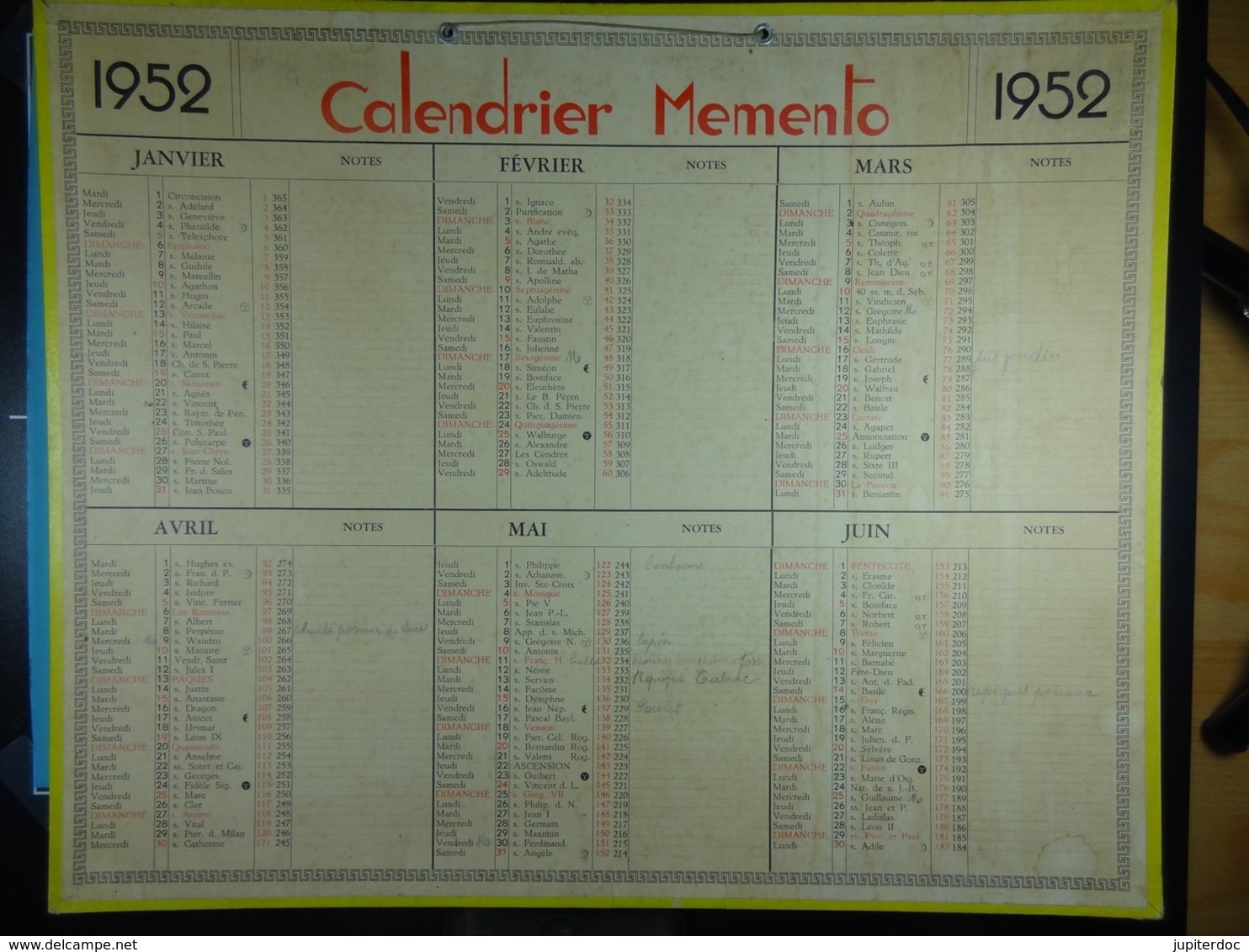 Calendrier Memento 1952 Sur Carton 2 Faces (Format : 42,5 Cm X 34,5 Cm) - Formato Grande : 1941-60