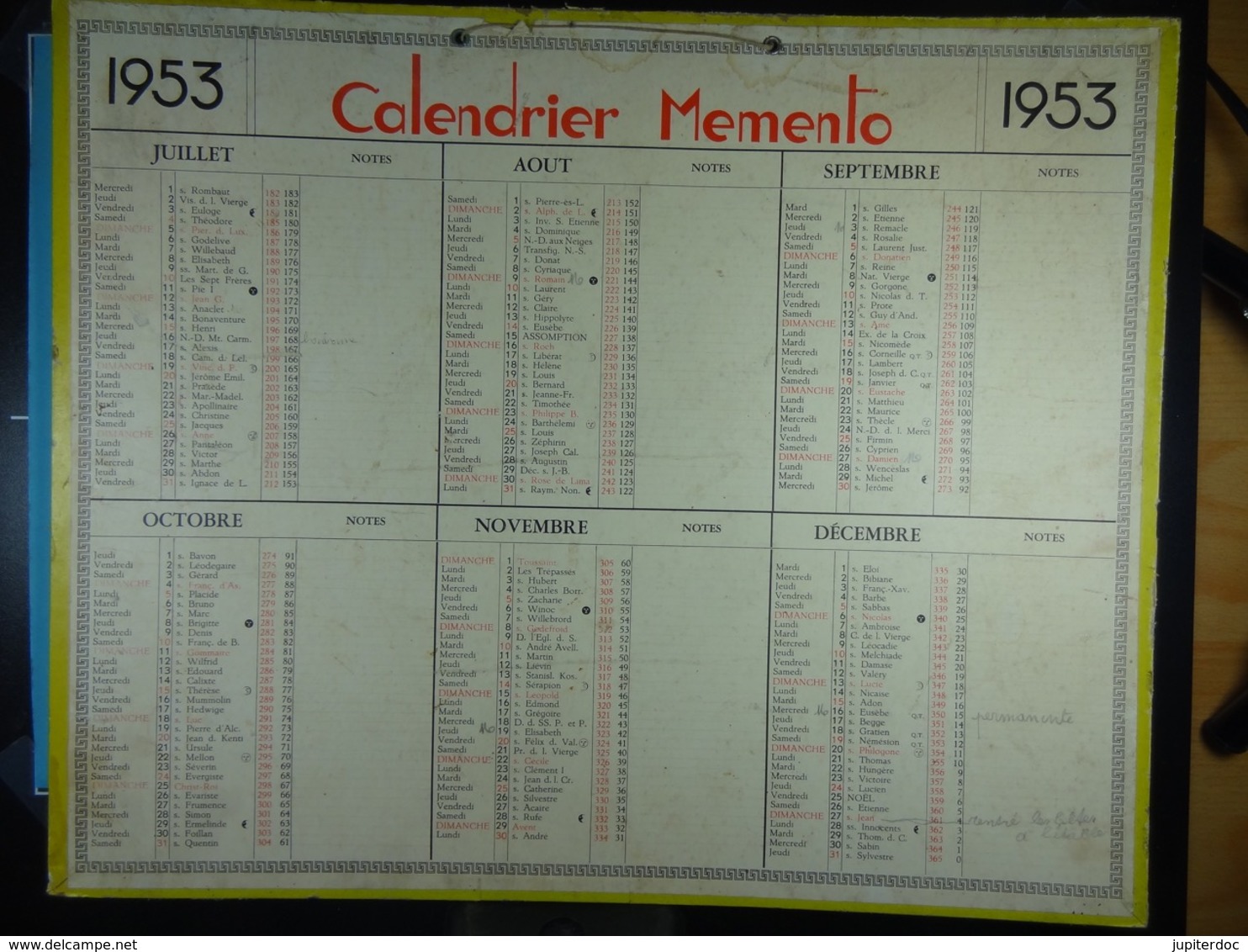 Calendrier Memento 1953 Sur Carton 2 Faces (Format : 42,5 Cm X 34,5 Cm) - Grand Format : 1941-60