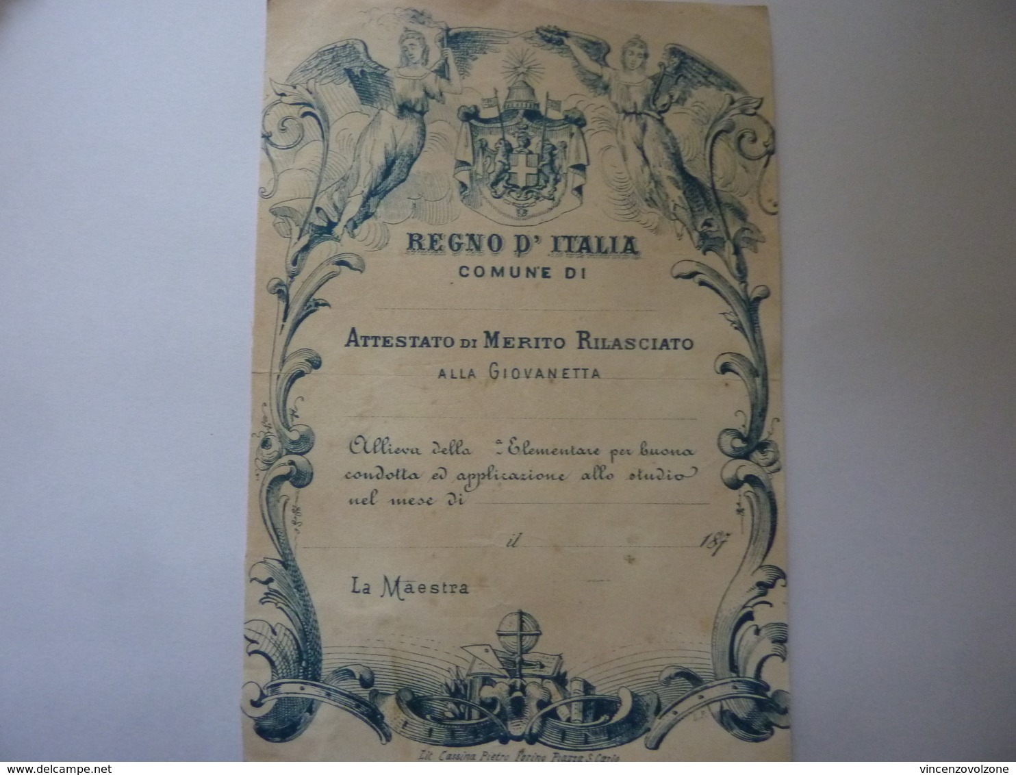 Documento "REGNO D' ITALIA  ATTESTATO DI MERITO RILASCIATO ALLA GIOVINETTA, LA MAESTRA" Torino Inizi '900 - Diplomi E Pagelle