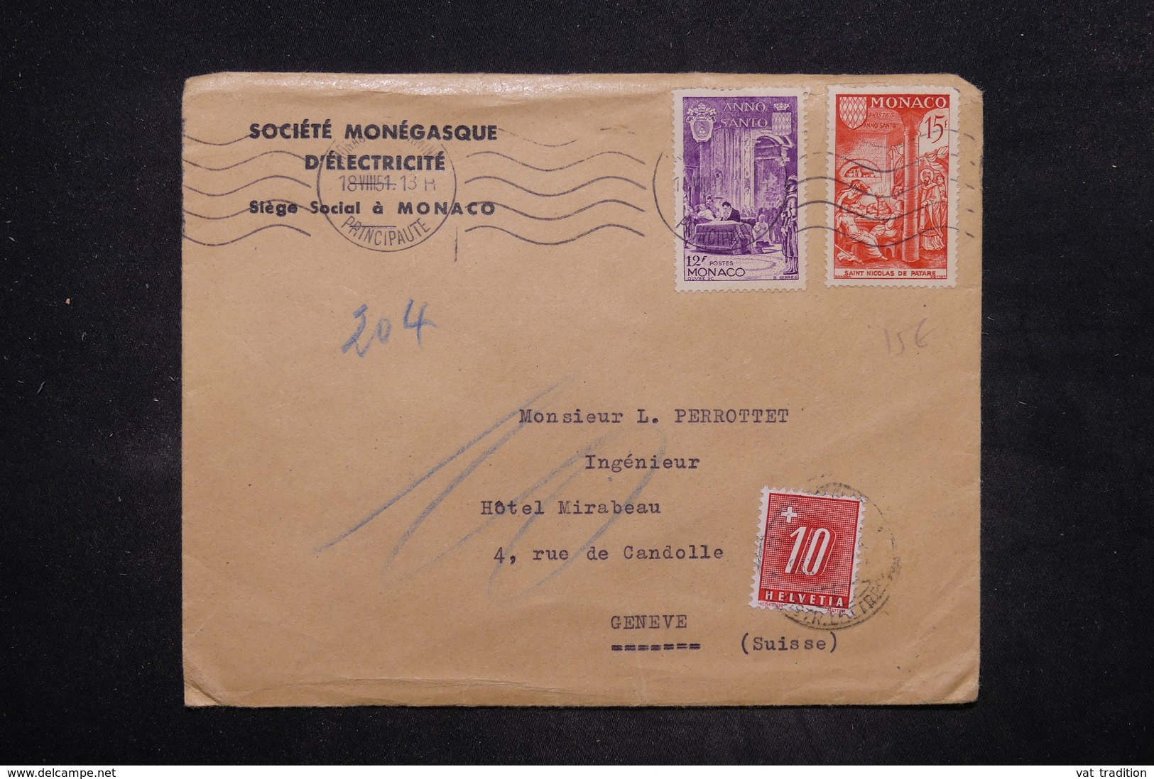 SUISSE - Taxe De Genève Sur Enveloppe Commerciale De Monaco En 1951 - L 26570 - Postmark Collection