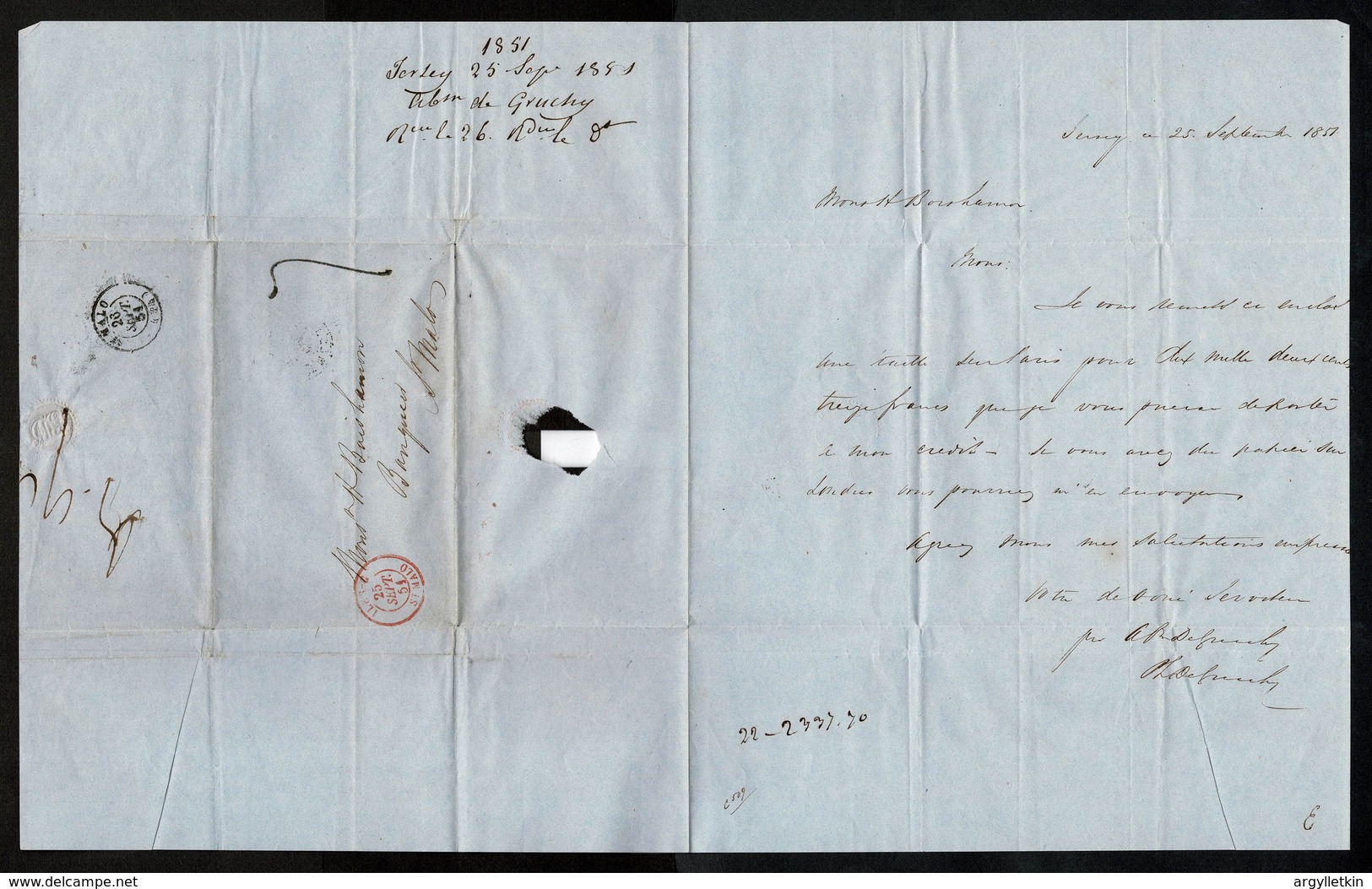 JERSEY FRANCE ST MALO 1851 SPECIAL CHANNEL ISLANDS POSTMARK DE GRUCHY - Jersey