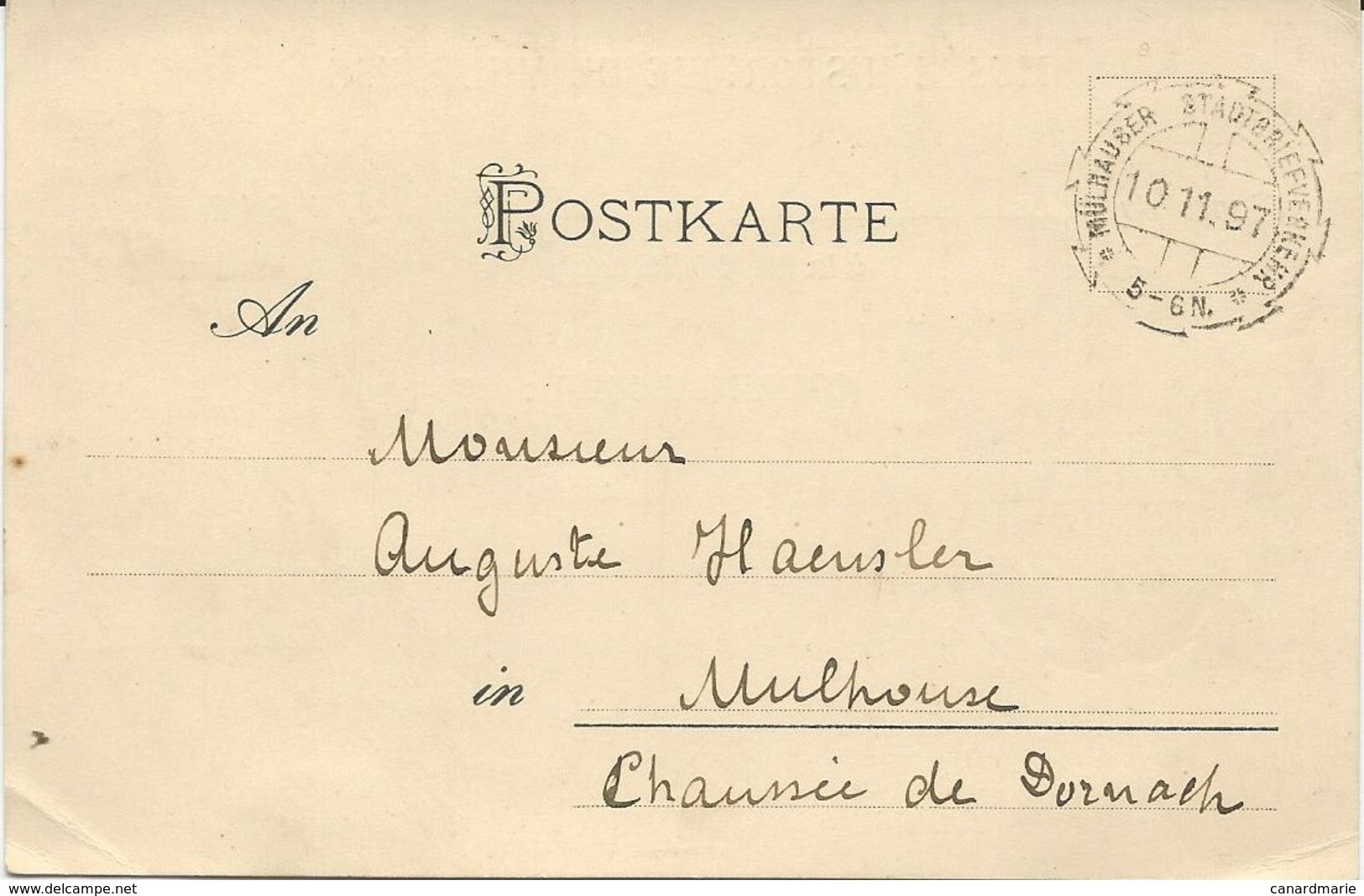 CARTE POSTALE 1897 AVEC CACHET DE LA POSTE PRIVEE DE MULHOUSE - Covers & Documents