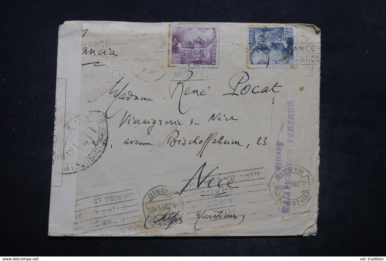 ESPAGNE - Enveloppe De Sévilla  Via Madrid Pour La France En 1941 Avec Contrôles Postaux - L 26577 - Marcas De Censura Nacional