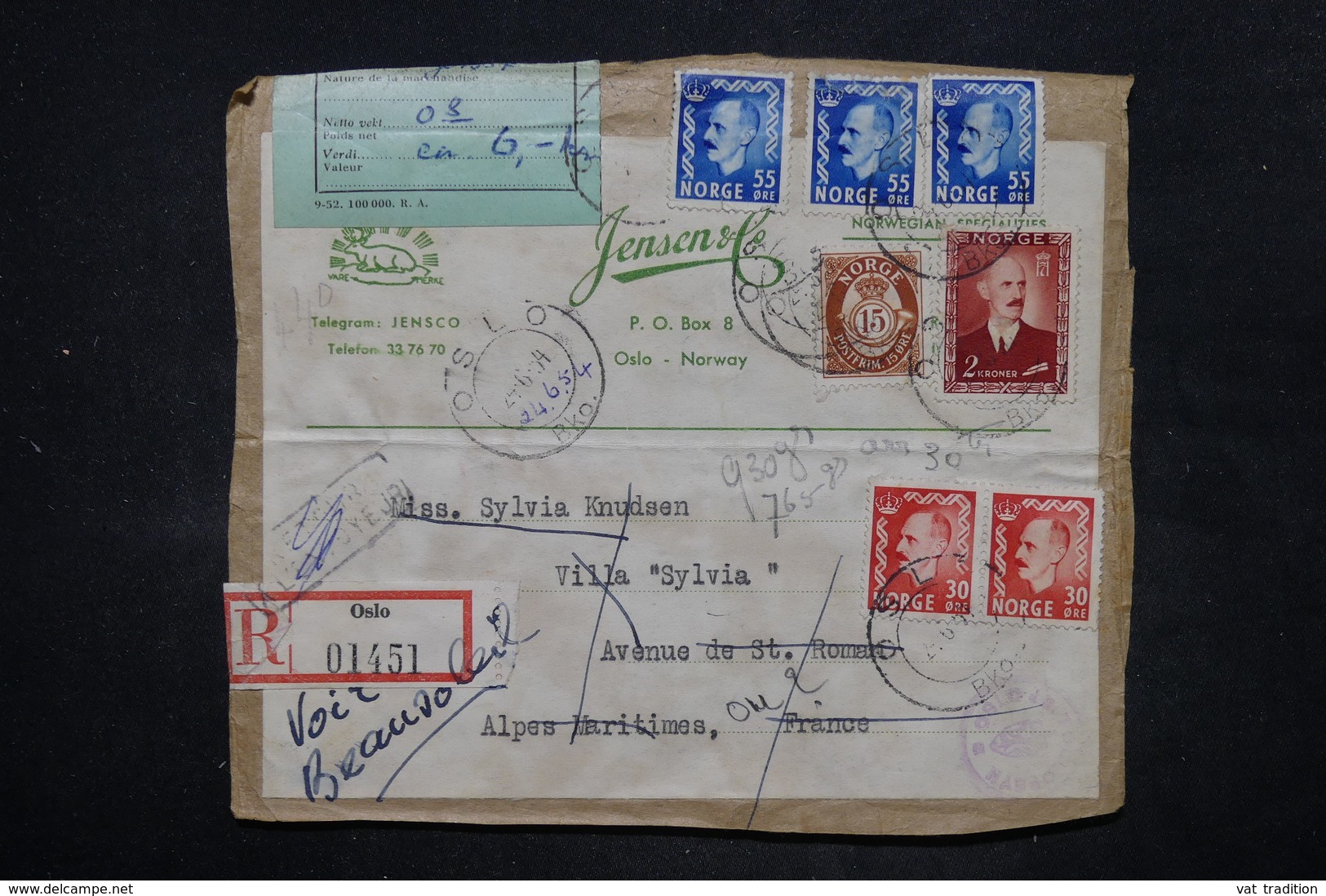 NORVÈGE - Affranchissement Plaisant De Colis Postal En Recommandé De Oslo En 1954 Pour La France Et Retour - L 26584 - Brieven En Documenten