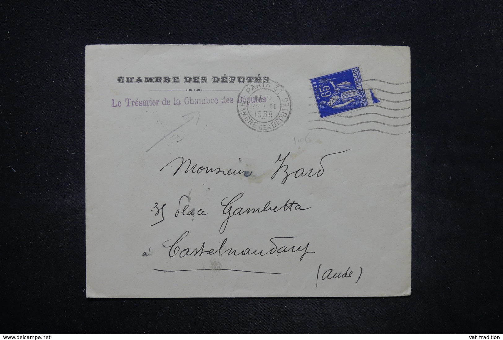 FRANCE - Enveloppe De La Chambre Des Députés Pour Castelnaudary En 1938 - L 26586 - 1921-1960: Période Moderne