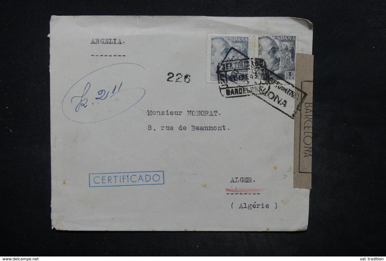 ESPAGNE - Enveloppe En Recommandé De Barcelone Pour Alger En 1943 Avec Censure - L 26590 - Nationalists Censor Marks