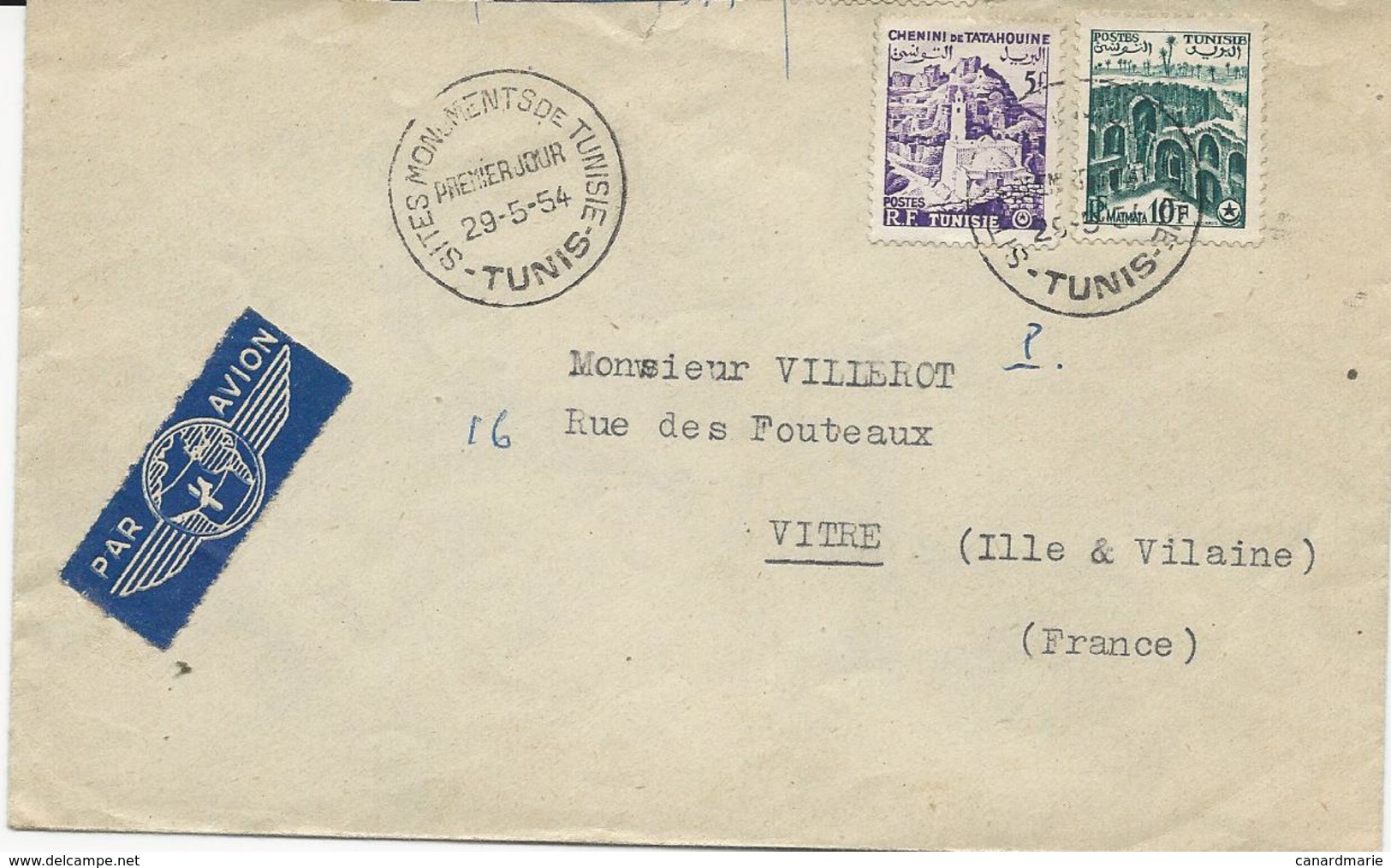 LETTRE PAR AVION 1956 AVEC TIMBRES ET CACHET PREMIER JOUR SITES MONUMENTS DE TUNISIE - Covers & Documents