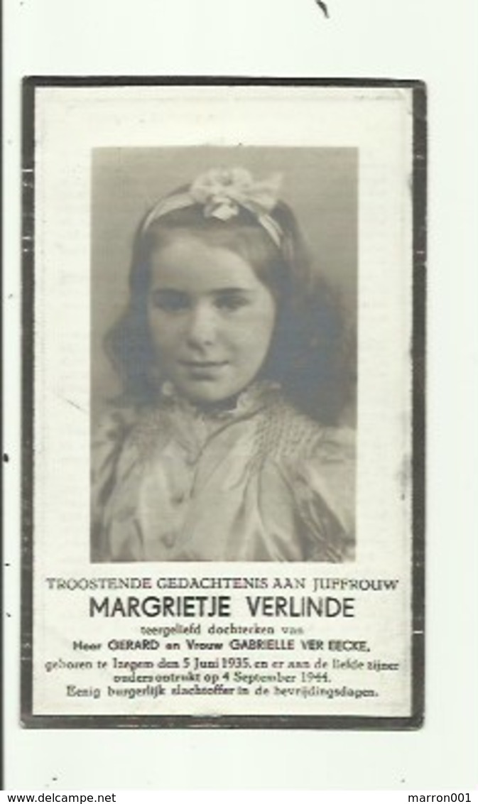 Doodsprentje - Oorlogsslachtoffer-dochtertje -geb 1935 Te Isegem , Gest 1944- Margrietje Verlinde - Devotieprenten