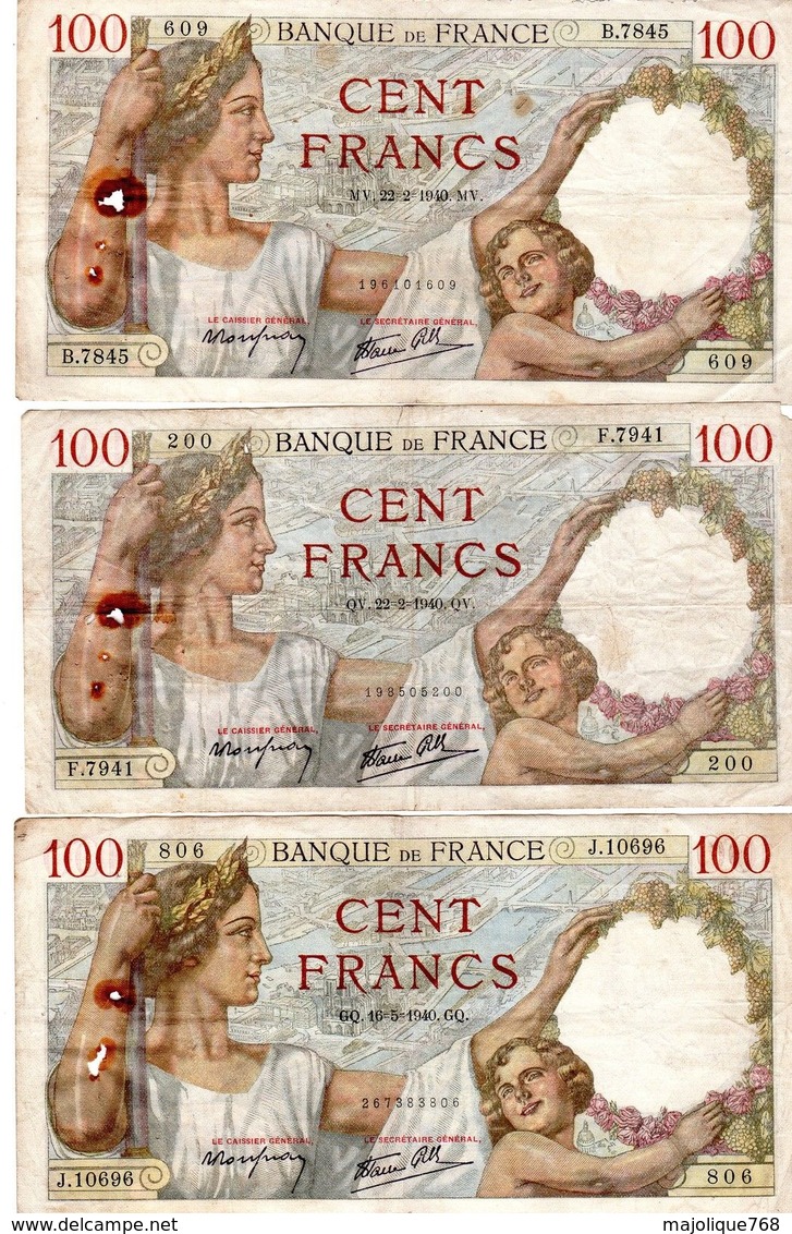 8 Billets De 100 Fr De Sully En état Moyen - - 100 F 1939-1942 ''Sully''