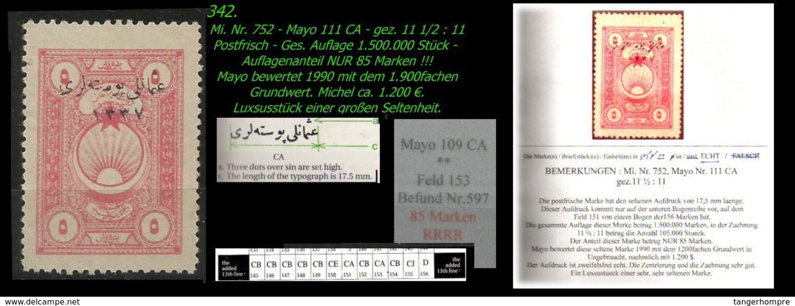 EARLY OTTOMAN SPECIALIZED FOR SPECIALIST, SEE...Mi. Nr. 752 - Mayo 111 CA-  Auflagenanteil 48 Stück -RRRR- - 1920-21 Anatolia