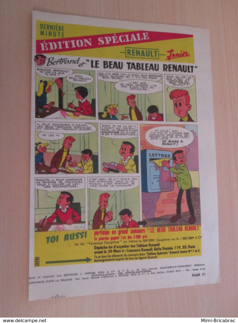 SPI19 SPIROU ANNEES 50/60 1 PAGE : PUBLICITE VOITURES RENAULT "LE BEAU TABLEAU RENAULT" - KFZ