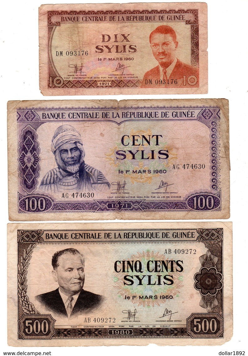 LOT SET SERIE 3 BILLETS RÉPUBLIQUE DE Guinée  / GUINEA SYLIS 10 100 500 1971 1980 - Guinea