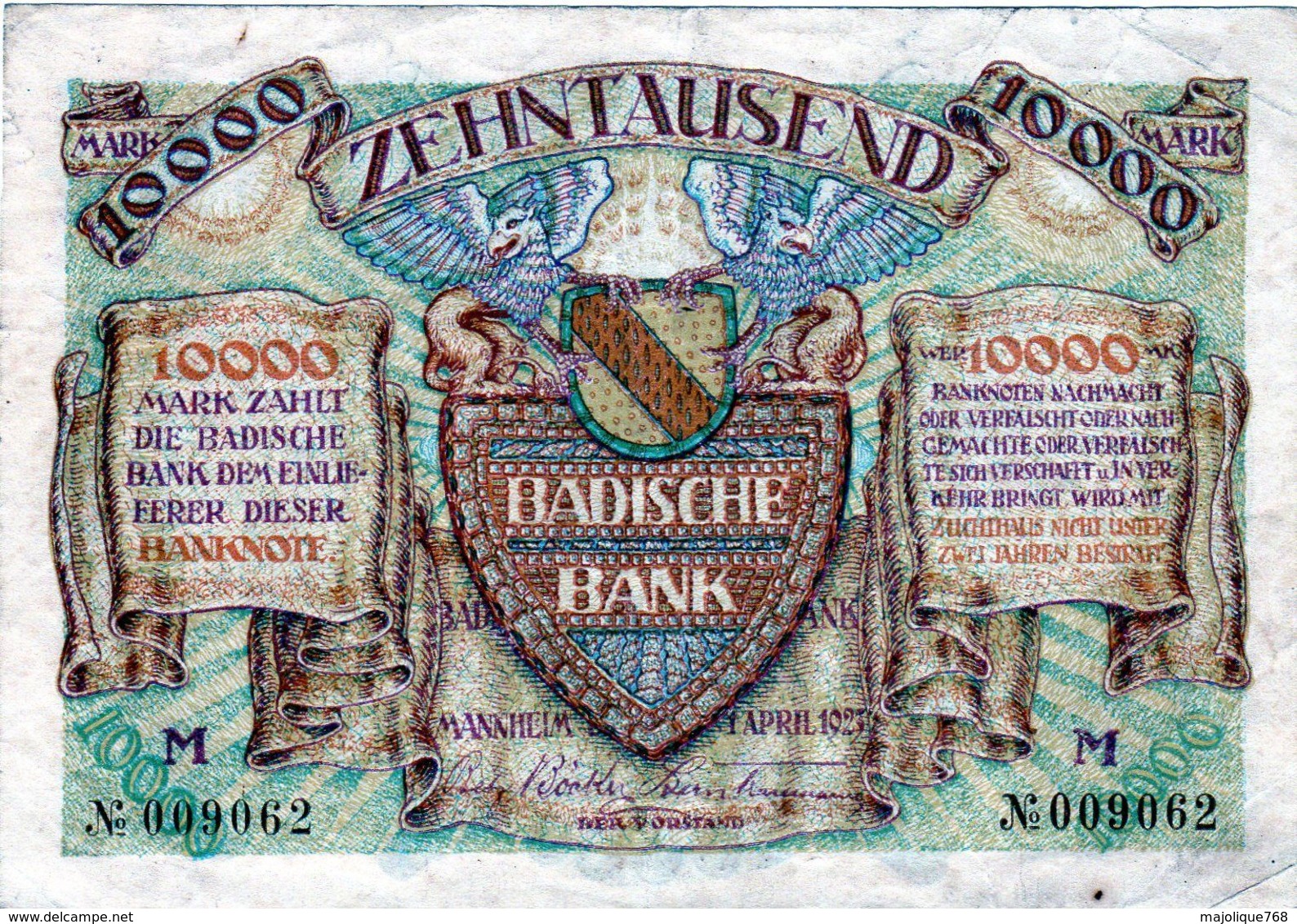 Billet Allemand De 10000 Mark Badische Bank Le 1 Avril 1923 En T T B + - - 10000 Mark