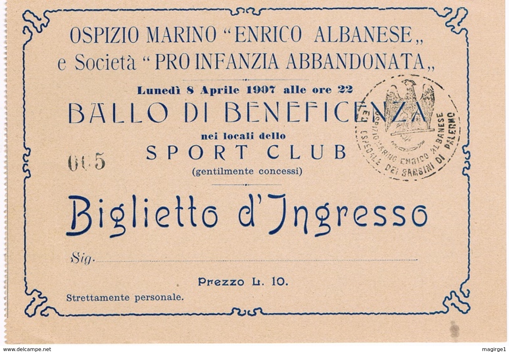 B3295- Palermo, Biglietto Ballo Di Beneficenza Ospizio Marino Biglietto D'ingresso 1907 Perfetto - Visiting Cards