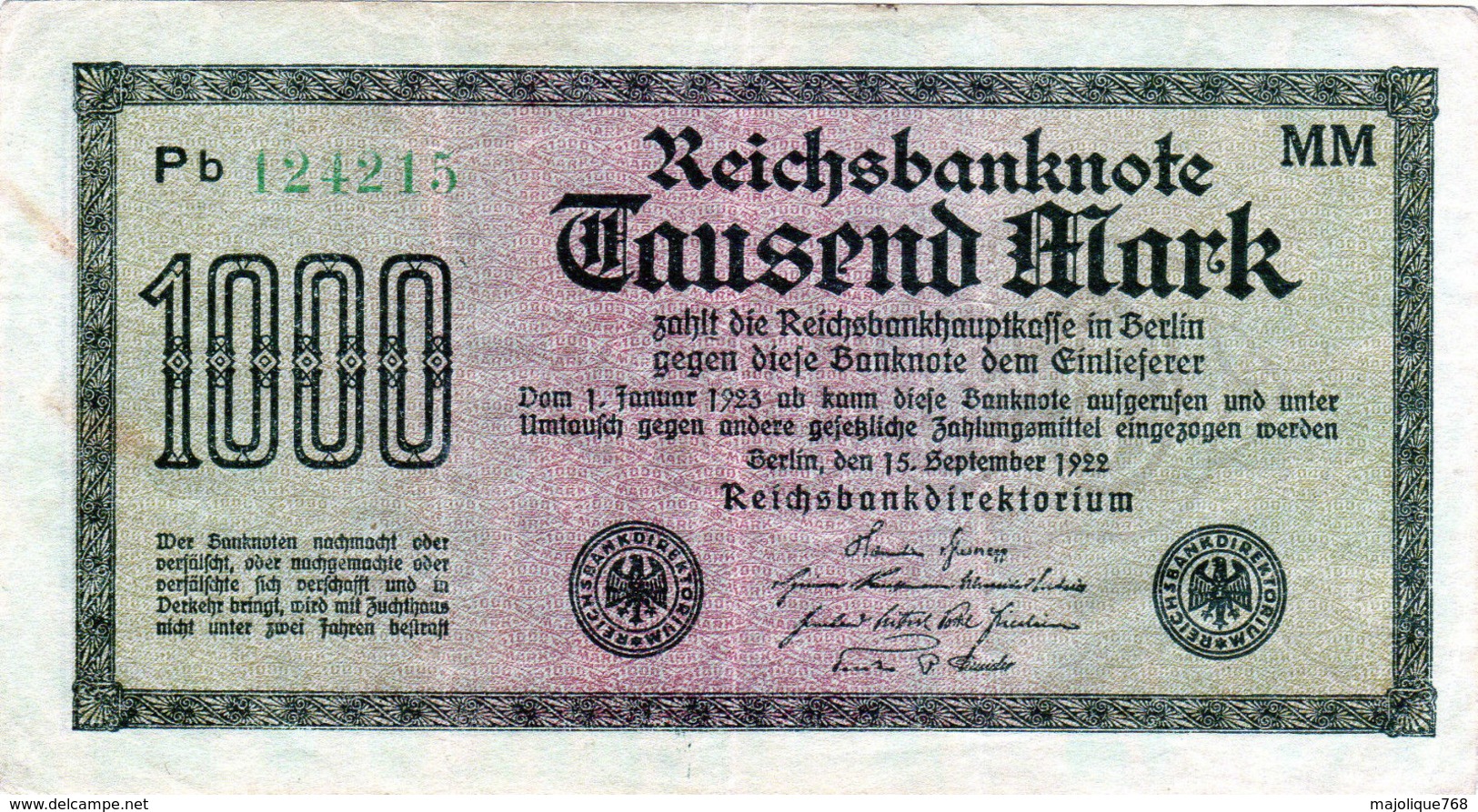 Billet Allemand De 1000 Mark Le 15 Septembre 1922 - En T T B - 1000 Mark