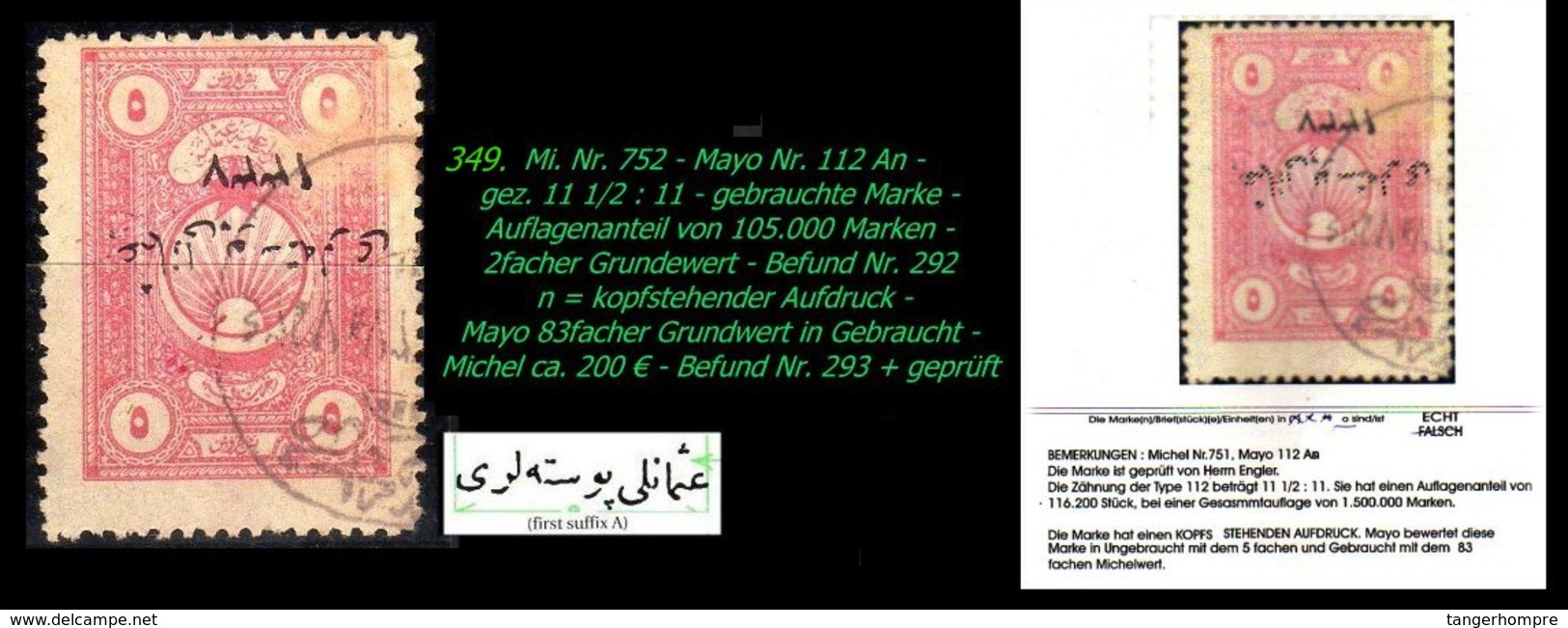 EARLY OTTOMAN SPECIALIZED FOR SPECIALIST, SEE...Mi. Nr. 752 - Mayo 112 An - Kopfstehender Aufdruck - Seltene Zähnung - 1920-21 Anatolia