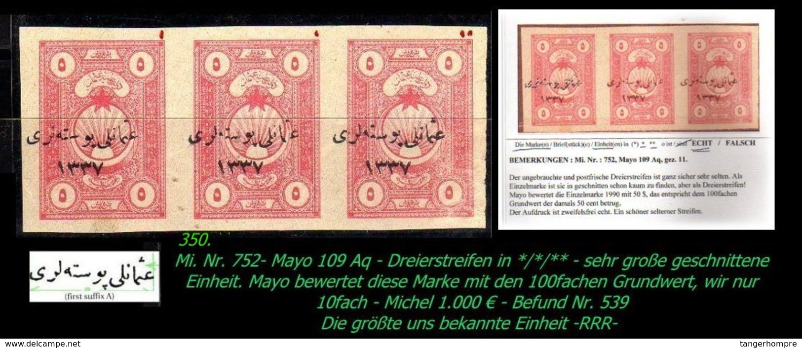 EARLY OTTOMAN SPECIALIZED FOR SPECIALIST, SEE...Mi. Nr. 752 - Mayo 109 Aq - Ungezähnter 3er Streifen -RRR- - 1920-21 Kleinasien